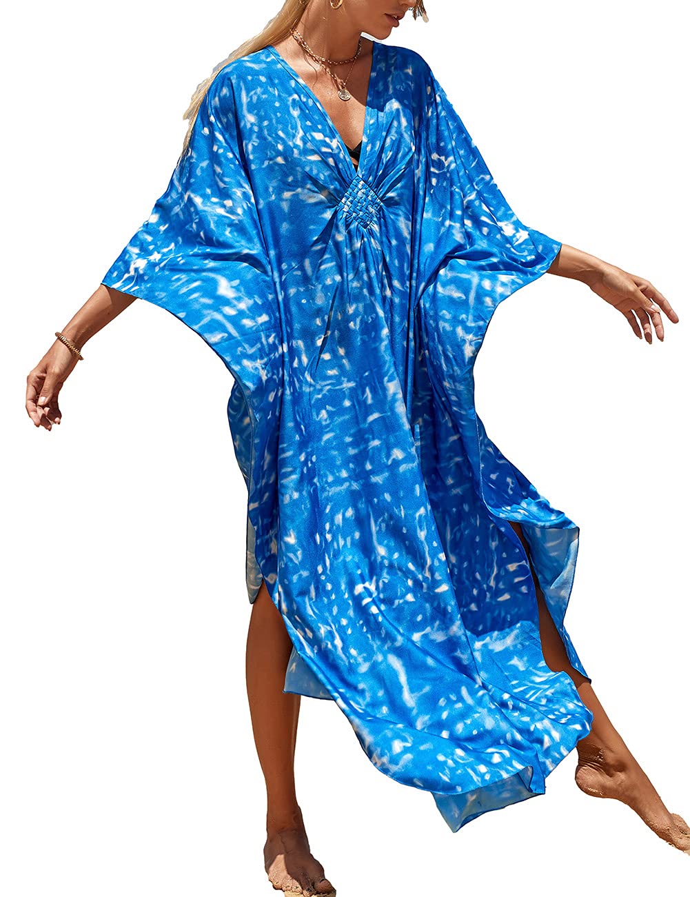 Bsubseach Women's Plus Size Kaftan Dress 2025 - V Neck Swimsuit Cover Up, Beach Caftan & Loungewear in Blue Print | Perfect for Poolside, Vacation & Summer Relaxation