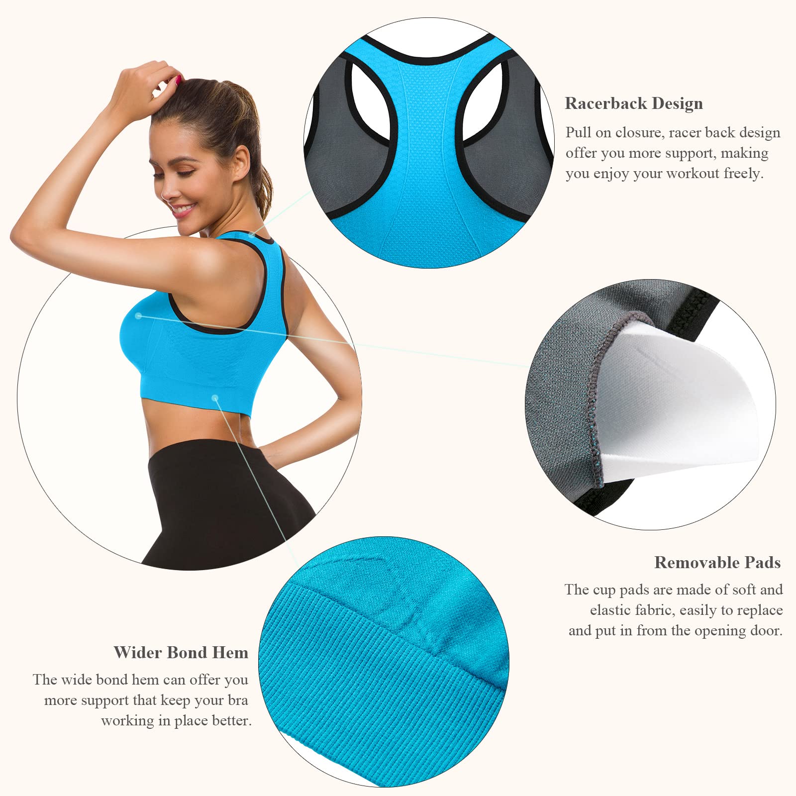 TOBWIZU Women's Medium Support Sports Bras with Pocket - Yoga, Gym & Activewear for Running, Workout & Fitness Training
