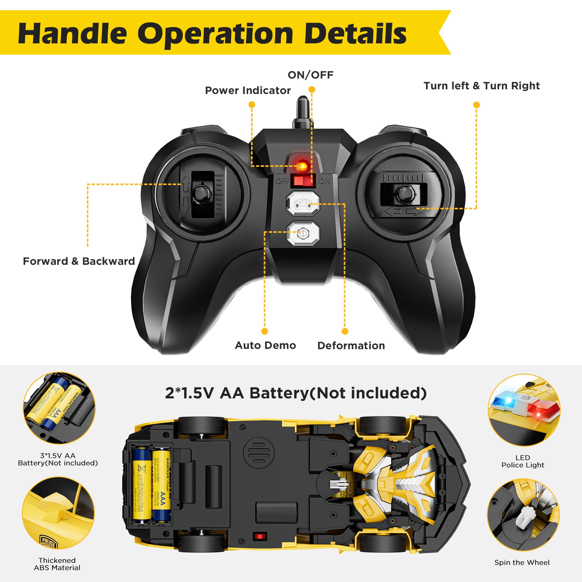 2.4Ghz Remote Control Car - 1:18 Scale Transforming Robot Police Toy with One-Button Deformation & 360° Rotation for Kids Ages 4-12 | Interactive RC Toy for Boys & Girls (Yellow) | Perfect for Indoor Play, Birthday Gifts & STEM Learning