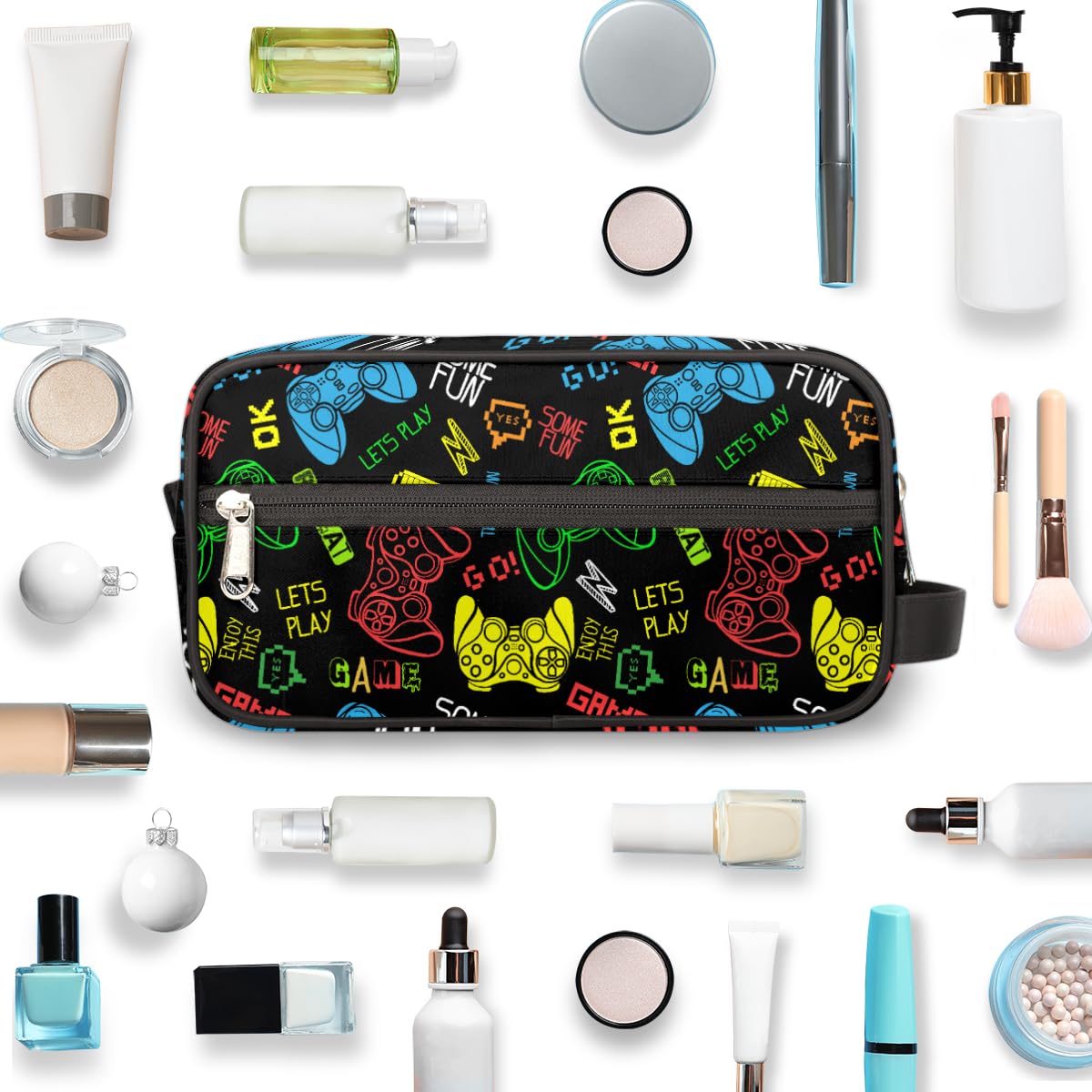 Video Games Themed Waterproof Hanging Toiletry Bag for Boys & Men - Large Capacity Travel Shaving Kit for Sports, Gym & Shower Use