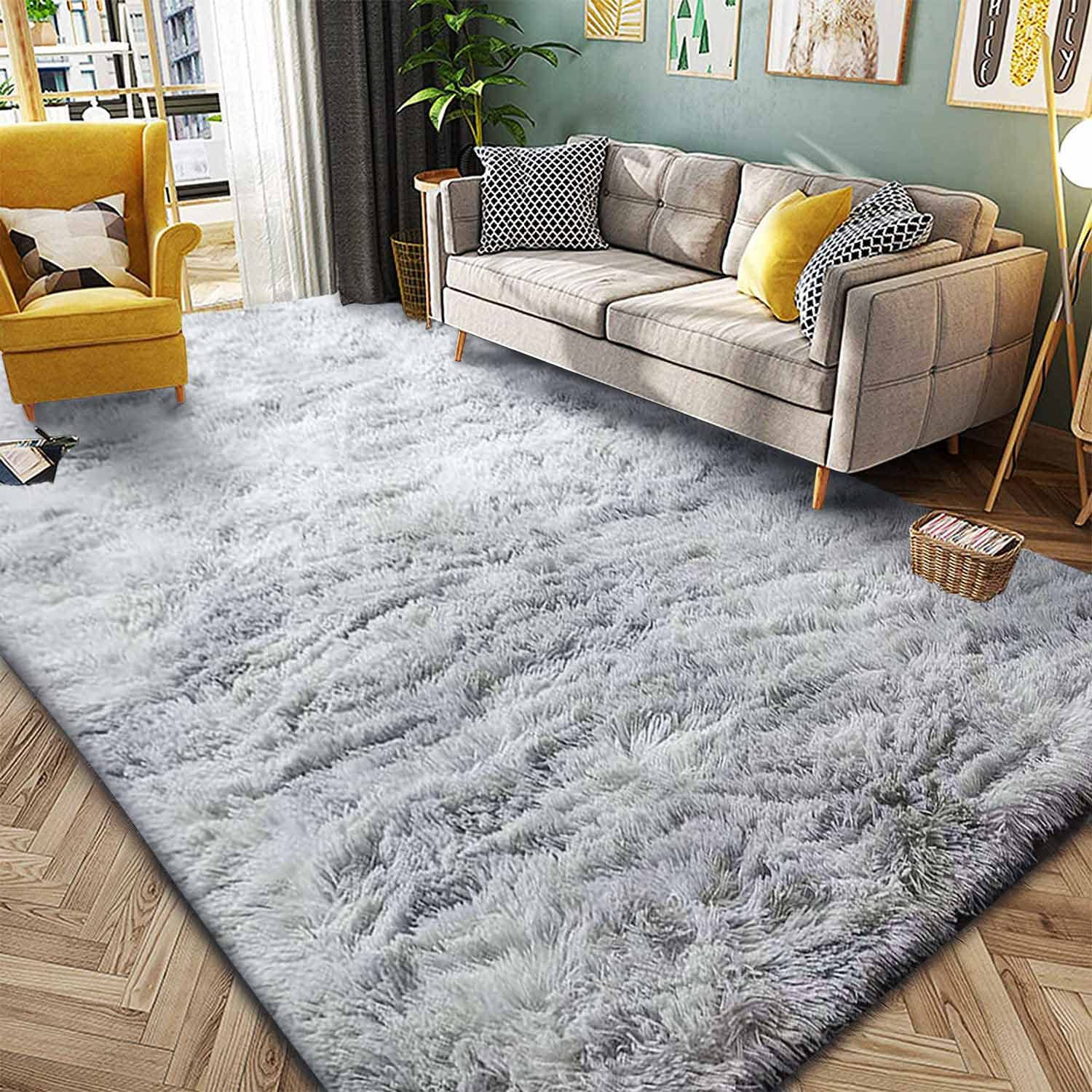 Kinganda Soft Shaggy Area Rugs - Non-Slip Fluffy Large Washable Carpet for Bedroom, Living Room, Nursery & Kids Room (Grey White, 6.5'×8.2'/200×250 cm) - Cozy Home Decor, Perfect for Floor Protection & Comfortable Play Area