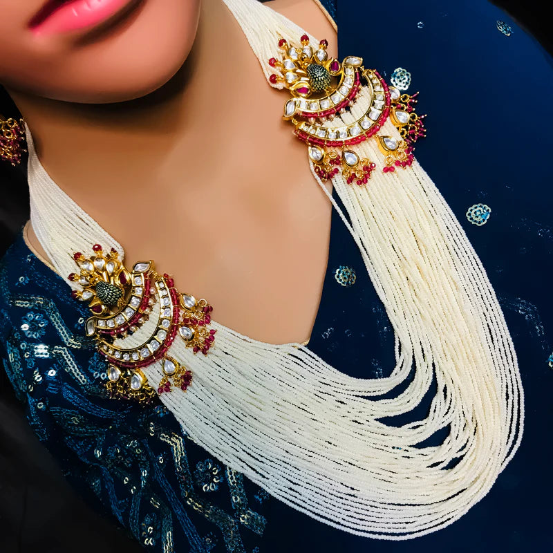 Luxury Gold Plated Royal Kundan & White Beads Long Necklace Set with Matching Earrings - Perfect for Weddings, Parties & Special Occasions