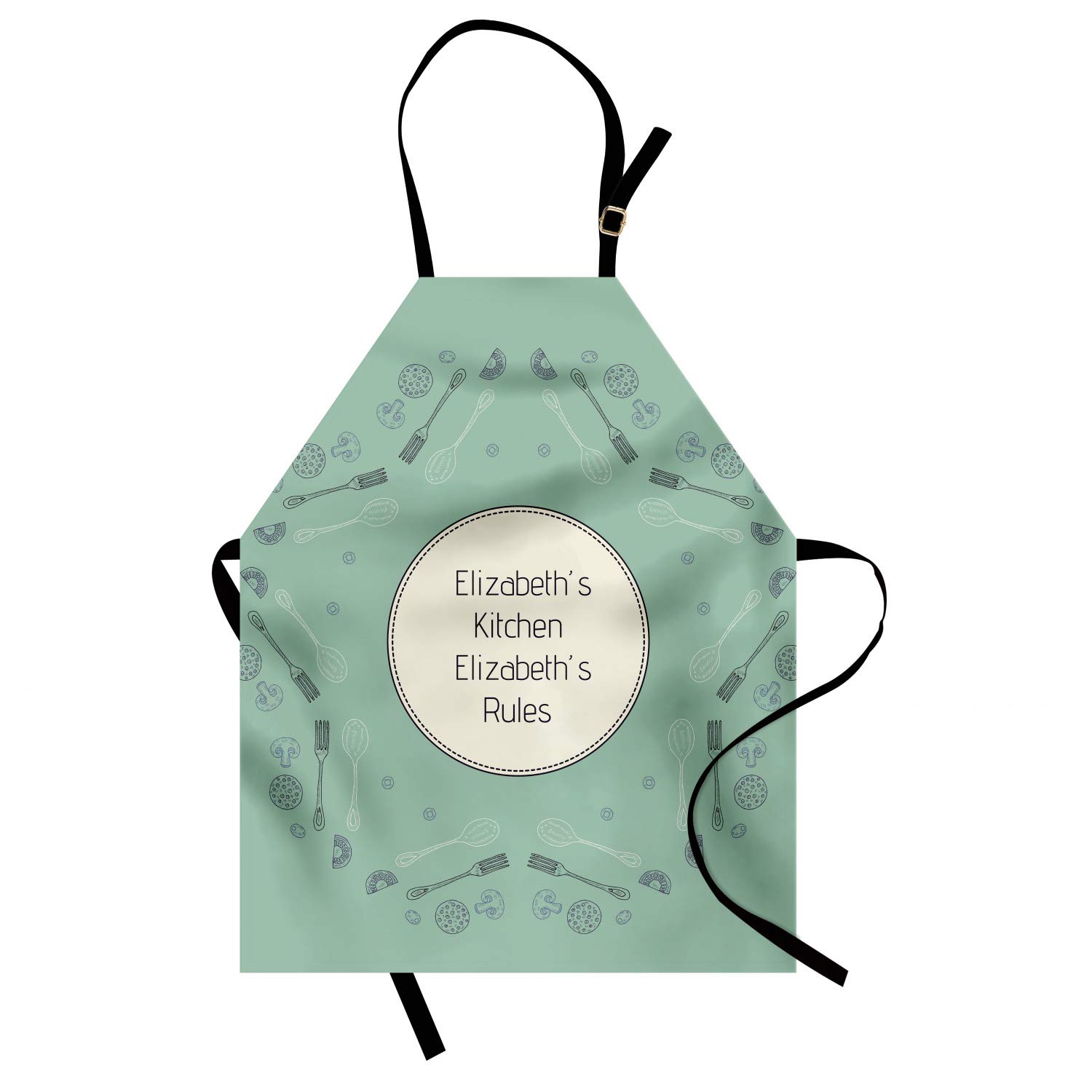 Ambesonne Personalized Chef Apron for Cooking - Pizza Ingredients & Kitchen Utensils Design in Almond Green - Adjustable Neck Bib for Adults - Perfect for Home Cooking, BBQ, Baking & Culinary Gifts