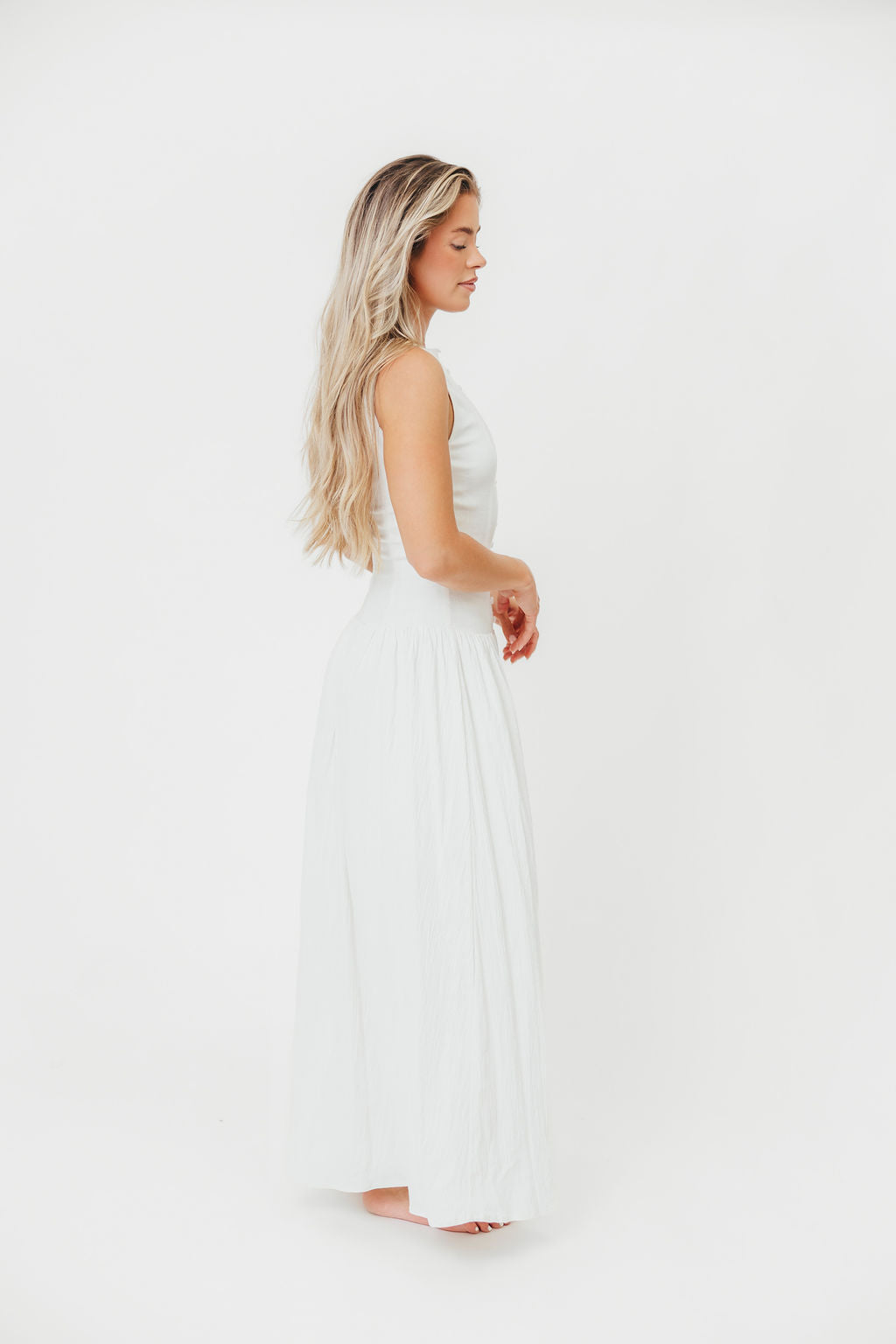 Sondra Stretch Maxi Dress with Button Detail & Dropped Waist - Off White Women's Summer Dress for Beach, Wedding & Casual Wear