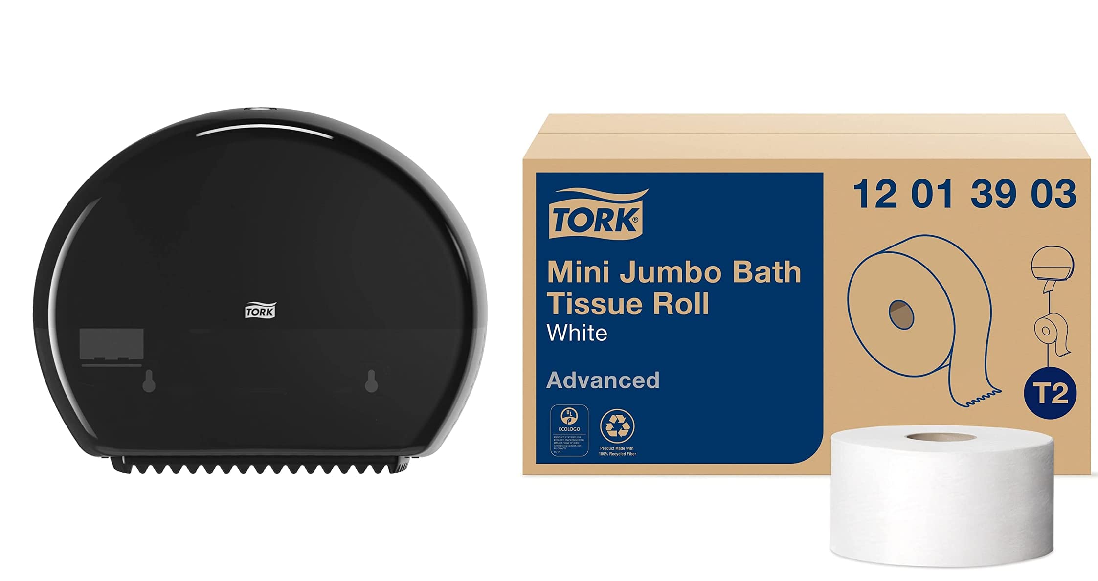 Tork Mini Jumbo Toilet Paper Roll Dispenser - Black T2 with 12-Pack Refill (1200 Sheets Each) | Advanced White Bathroom Tissue for Home, Office & Commercial Use