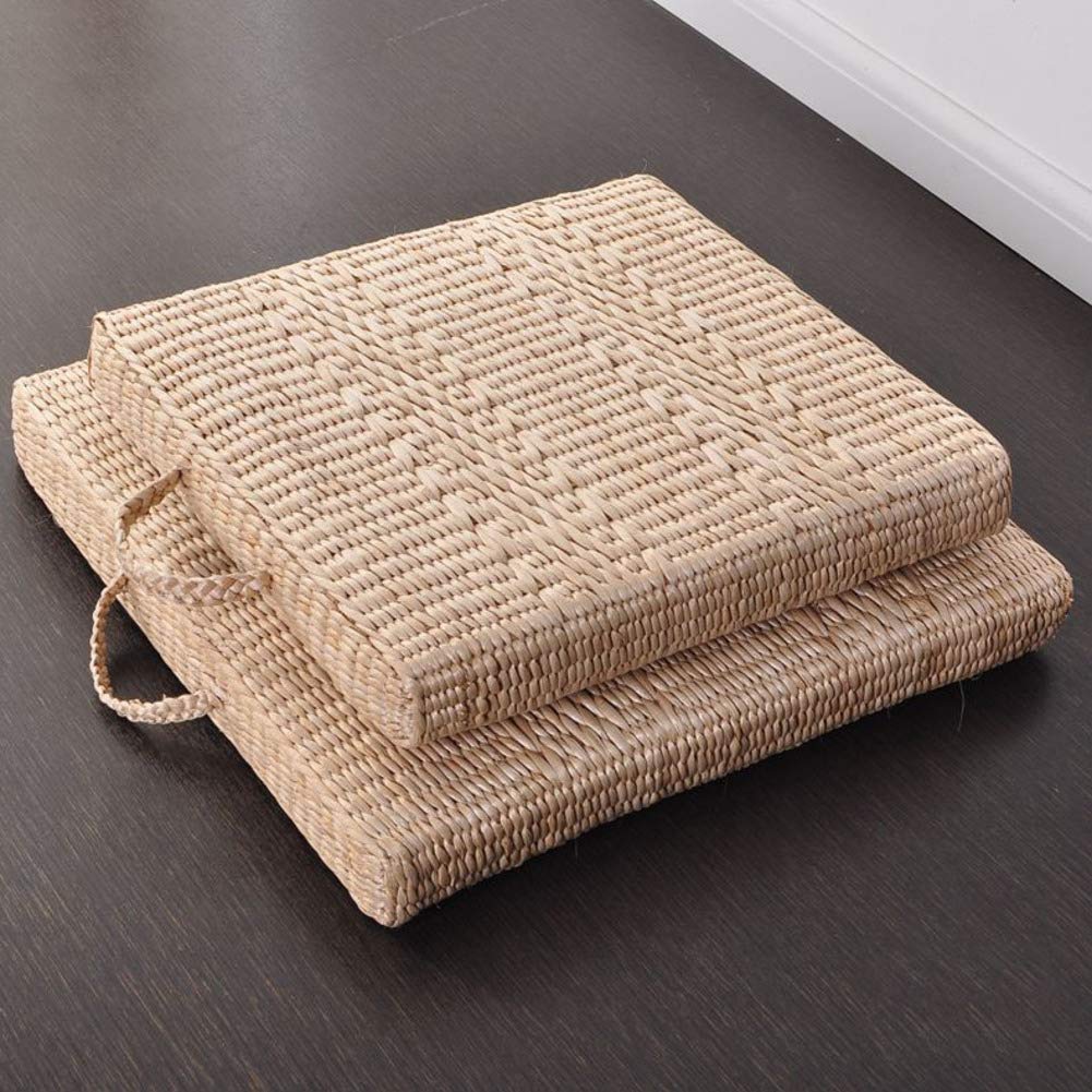 Lefran Futon Straw Tatami Cushion - Square Meditation & Yoga Seat Cushion with Handle - 50x50cm (20x20in) - Rattan Bay Window Pad for Zen Relaxation, Home Decor, and Floor Sitting Comfort