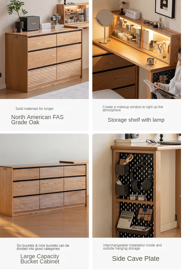 Solid Oak Wood Modern Extendable Dressing Table - Adjustable Vanity Desk for Makeup & Skincare - Perfect for Bedroom, Dorm, or Apartment
