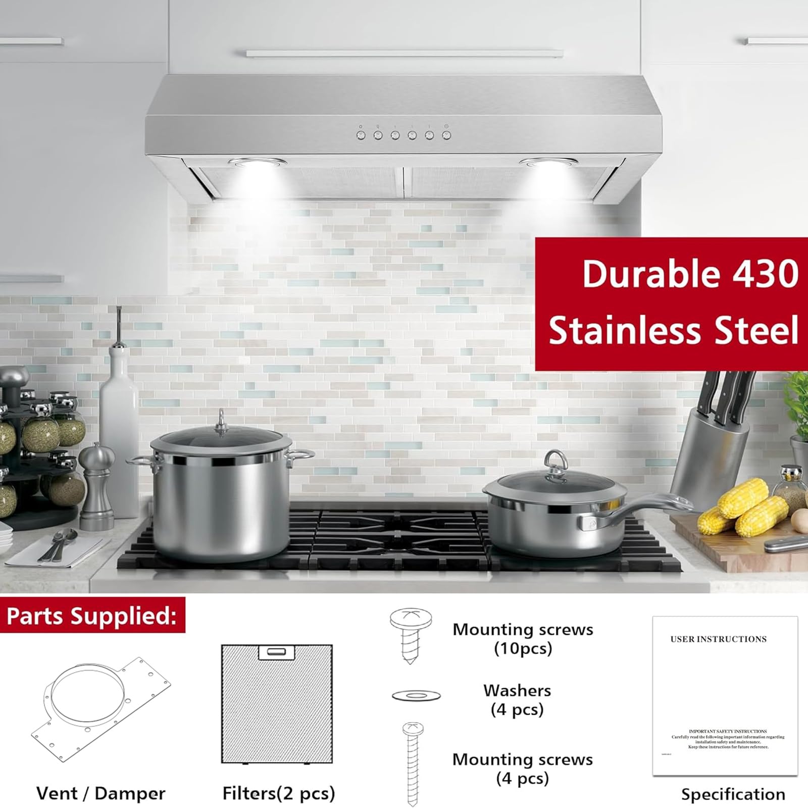 ONEEON 24 Inch Under Cabinet Range Hood - Slim Stainless Steel Kitchen Vent Hood with 4-Speed Exhaust Fan, 2 Washable Filters & LED Lights | Perfect for Small Kitchens, Apartments & Remodeling Projects