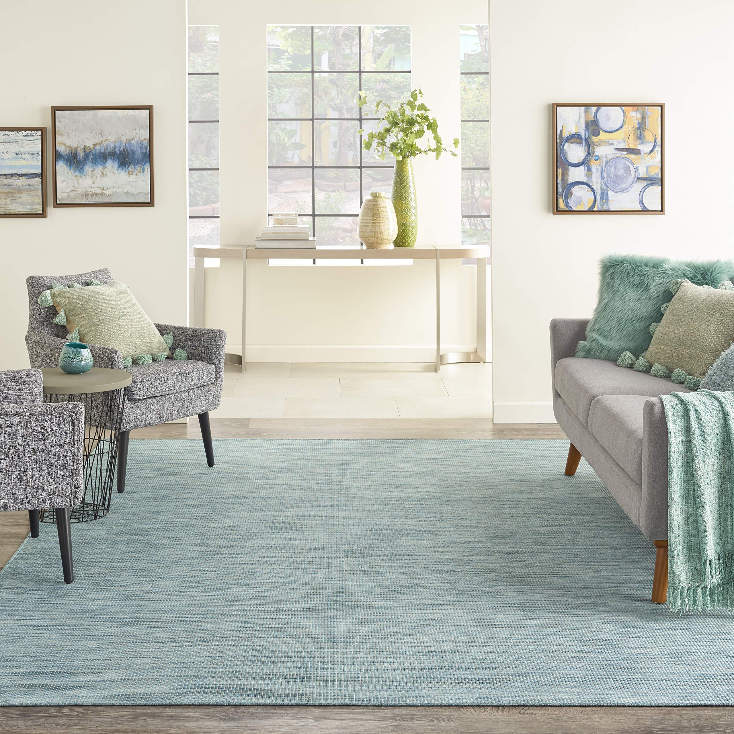 Nourison Positano Indoor-Outdoor Aqua 9' x 12' Area Rug - Easy to Clean, Non-Shedding, Stain Resistant - Perfect for Bedroom, Living Room, Dining Room, Backyard, Deck & Patio - Great for High-Traffic Areas and Outdoor Entertaining (9x12)