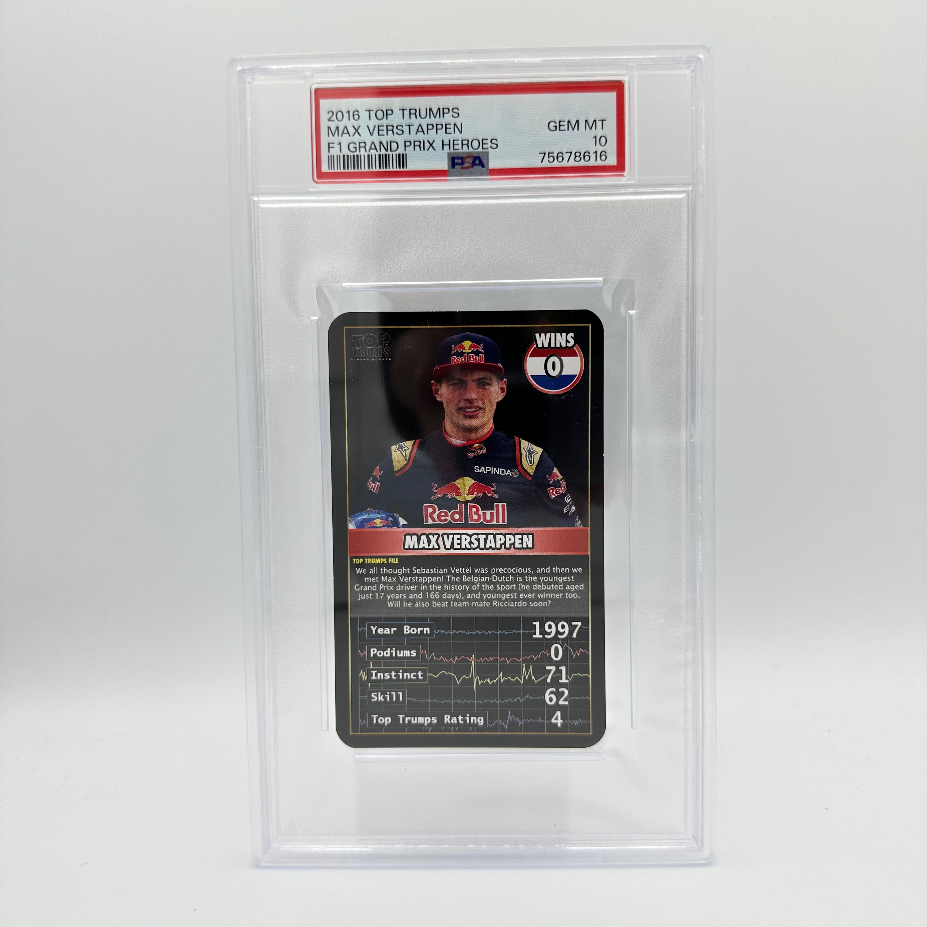 PSA 10 Graded Max Verstappen 0 Wins Top Trumps 2016 Grand Prix Heroes Trading Card - Perfect for F1 Collectors, Racing Fans & Card Game Enthusiasts