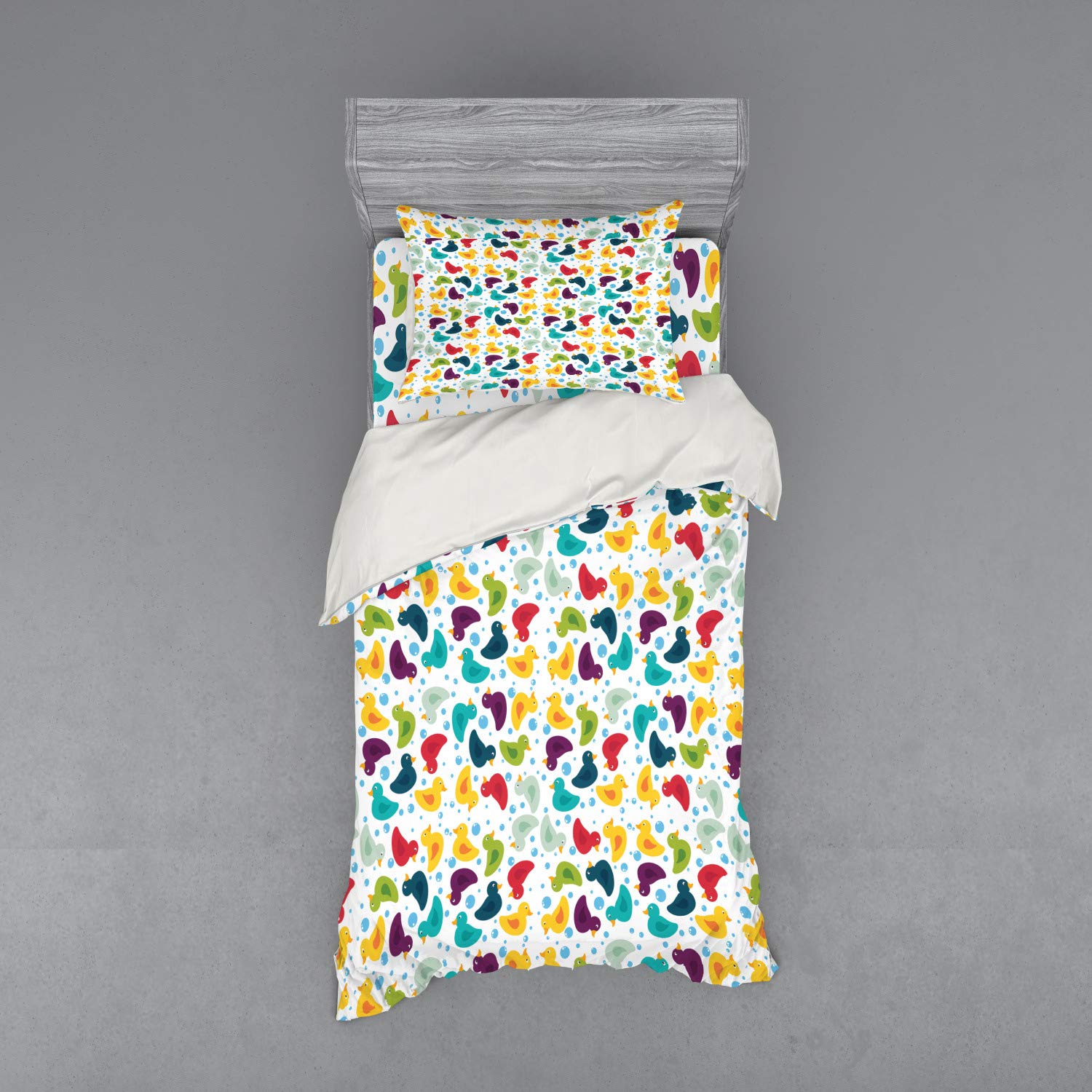 Cartoon Rubber Duck Bedding Set - 3 Piece Duvet Cover with Sham & Fitted Sheet, Twin Size, Vibrant Multicolor Bath Duck Design - Perfect for Kids' Bedrooms, Nursery Decor, and Whimsical Bathroom Themes