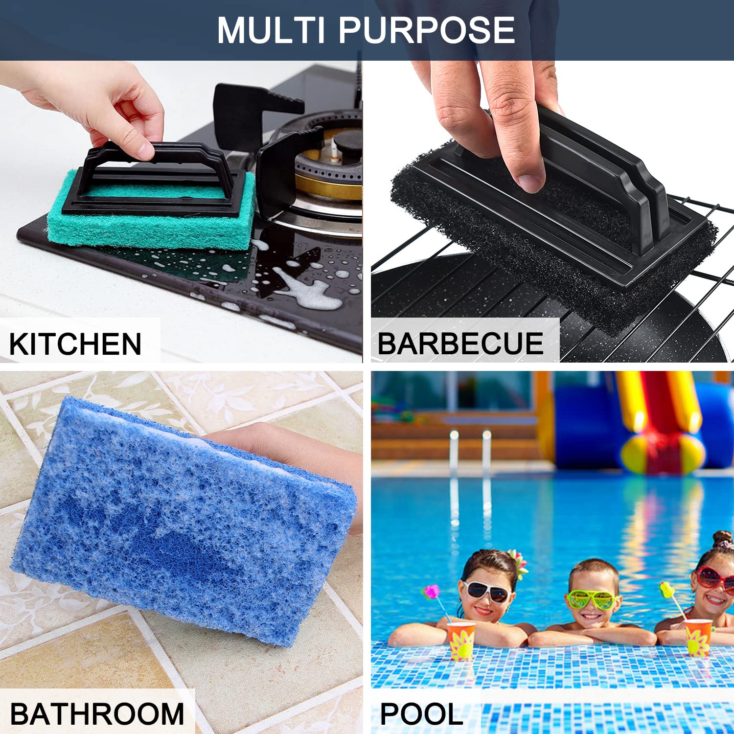 3 Pack Handheld Pool Scrub Brush - Heavy Duty Swimming Pool Cleaning Brush with Sponge Pad for Walls, Tiles, Floors & Steps | Multi-Surface Scrubber for Kitchen, Bathroom Tub & Spas | Perfect for Pool Maintenance, Household Cleaning & Spa Care