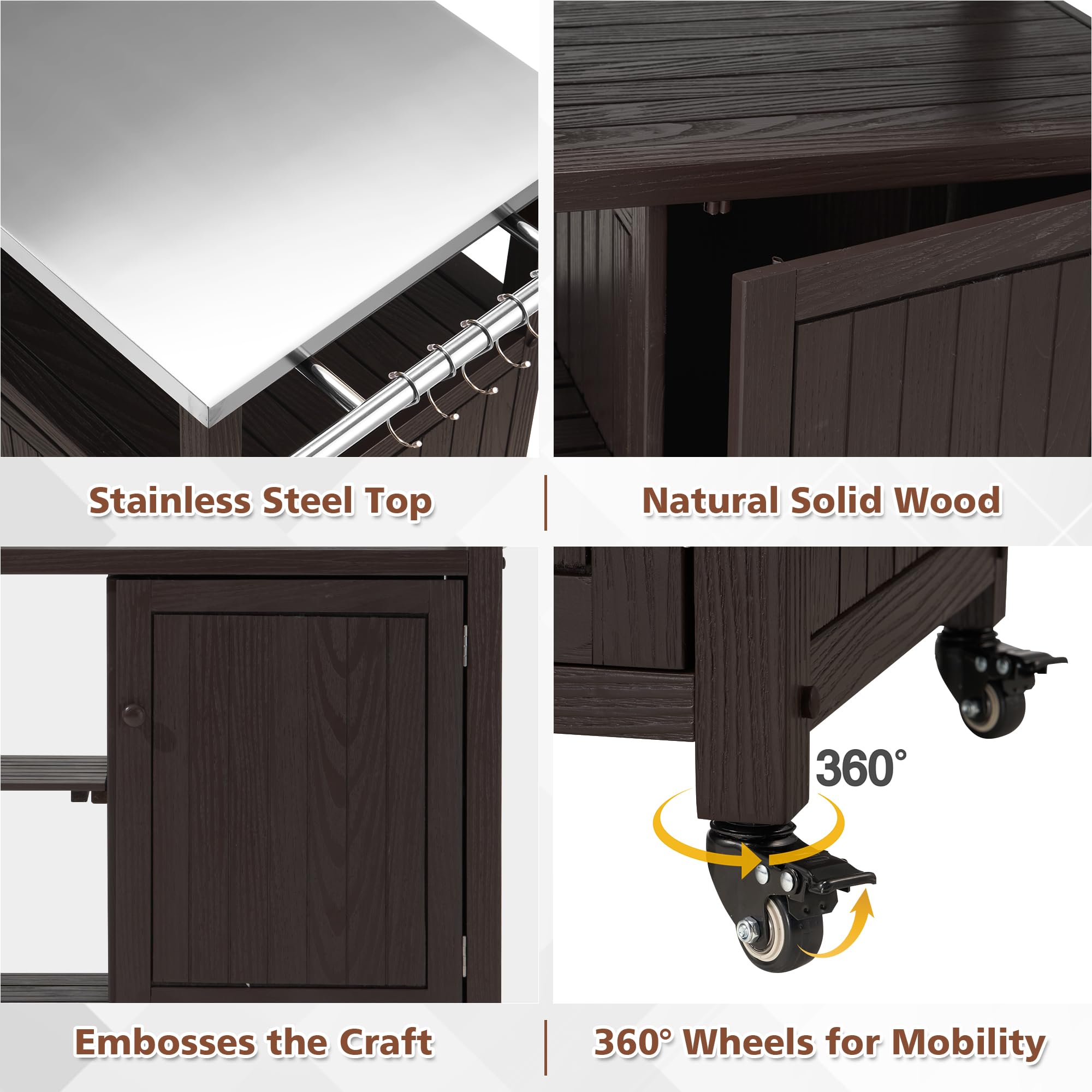 Premium AHB Outdoor Grill Table - Solid Wood Storage Cabinet with Stainless Steel Top | Rolling Kitchen Island & Movable Bar Cart for Patio, Backyard, Garden | Perfect for BBQs, Outdoor Cooking & Entertaining (Brown)