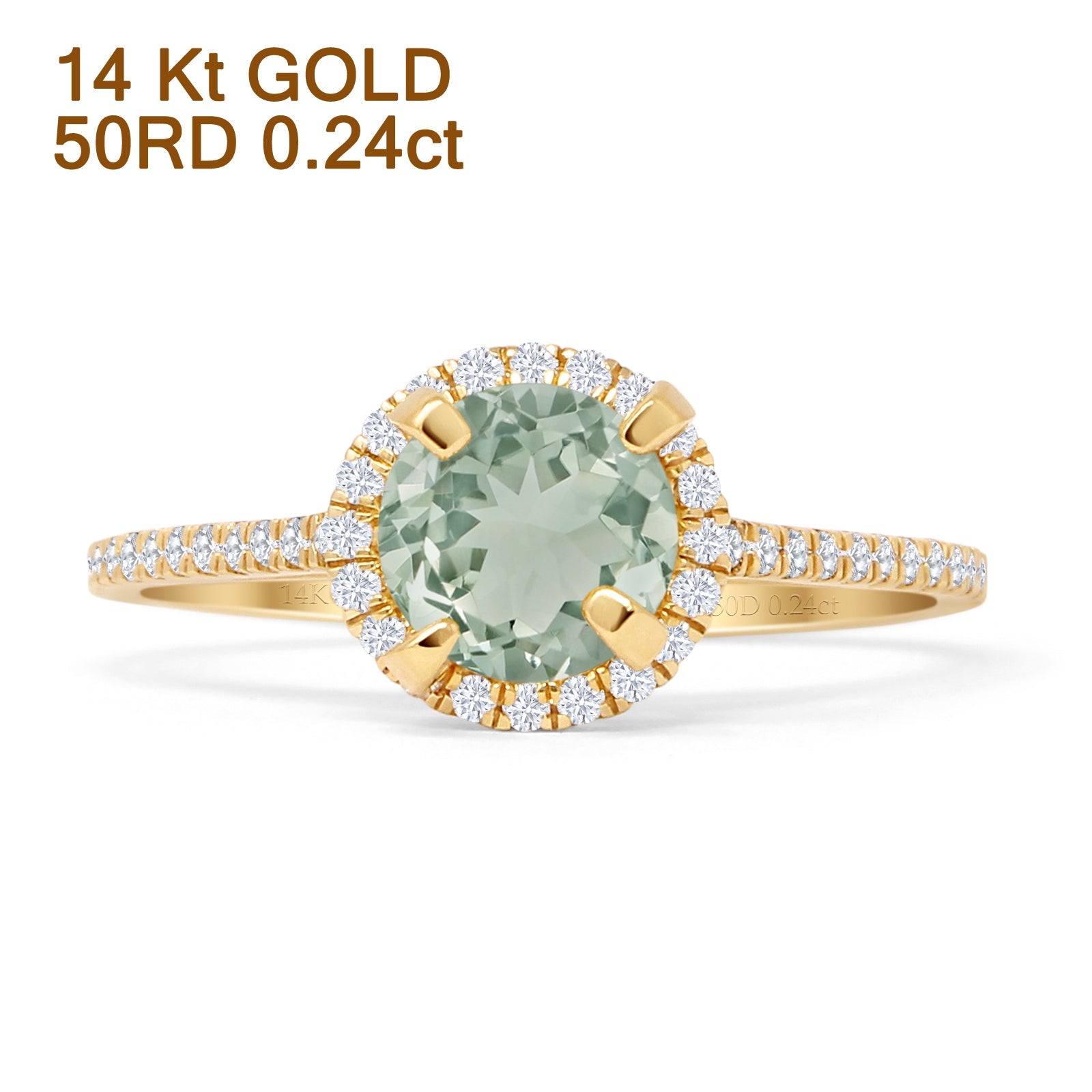 14K Yellow Gold Round Halo Natural Green Amethyst Prasiolite Vintage Style Diamond Ring for Women - Elegant Bridal, Engagement, Anniversary Jewelry Gift