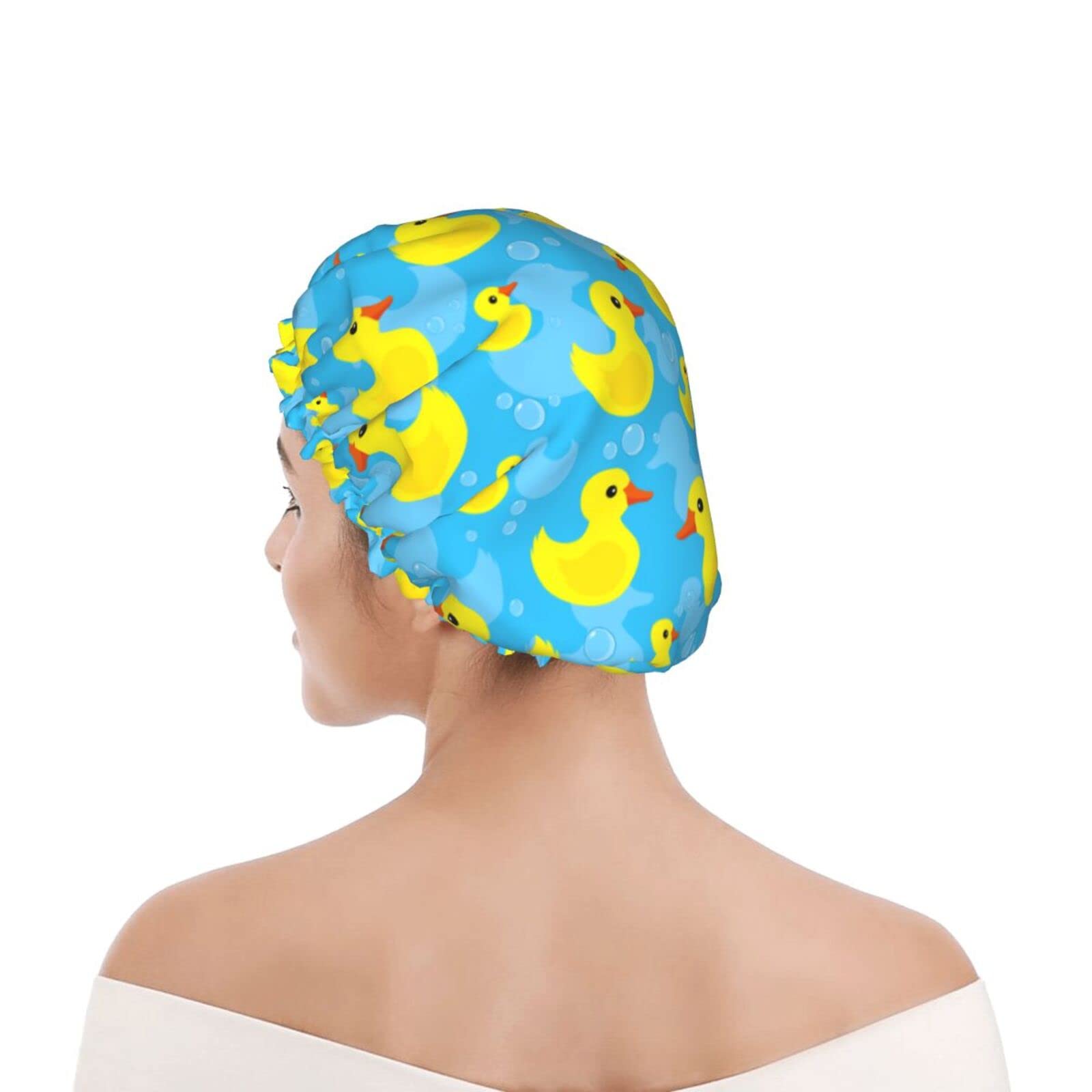 Waterproof Shower Cap for Women - Reusable PEVA Lined Shower Hat with Adjustable Elastic Band for Long Hair - Perfect for Bathing, Swimming & Hair Treatments (Blue Rubber Duck Design)