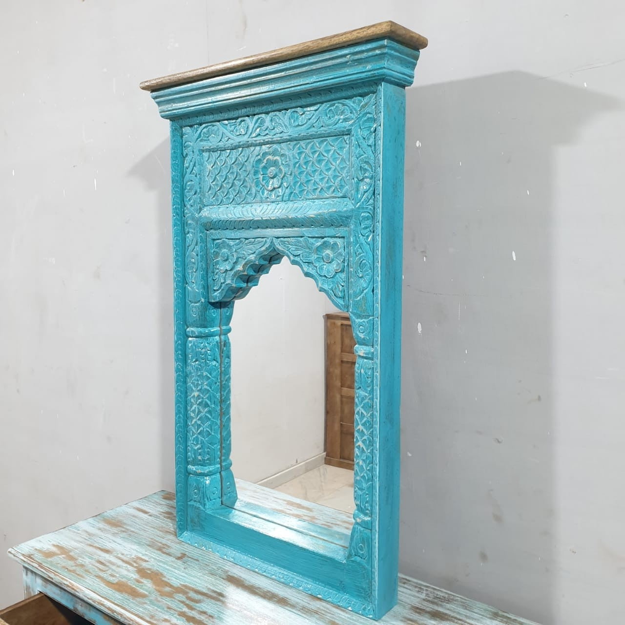 Hand Carved Antique Indian Solid Wood Mirror Frame - Blue Wooden Wall Mirror 56x11x98cm - Perfect for Boho Home Decor, Living Room & Bedroom Wall Art