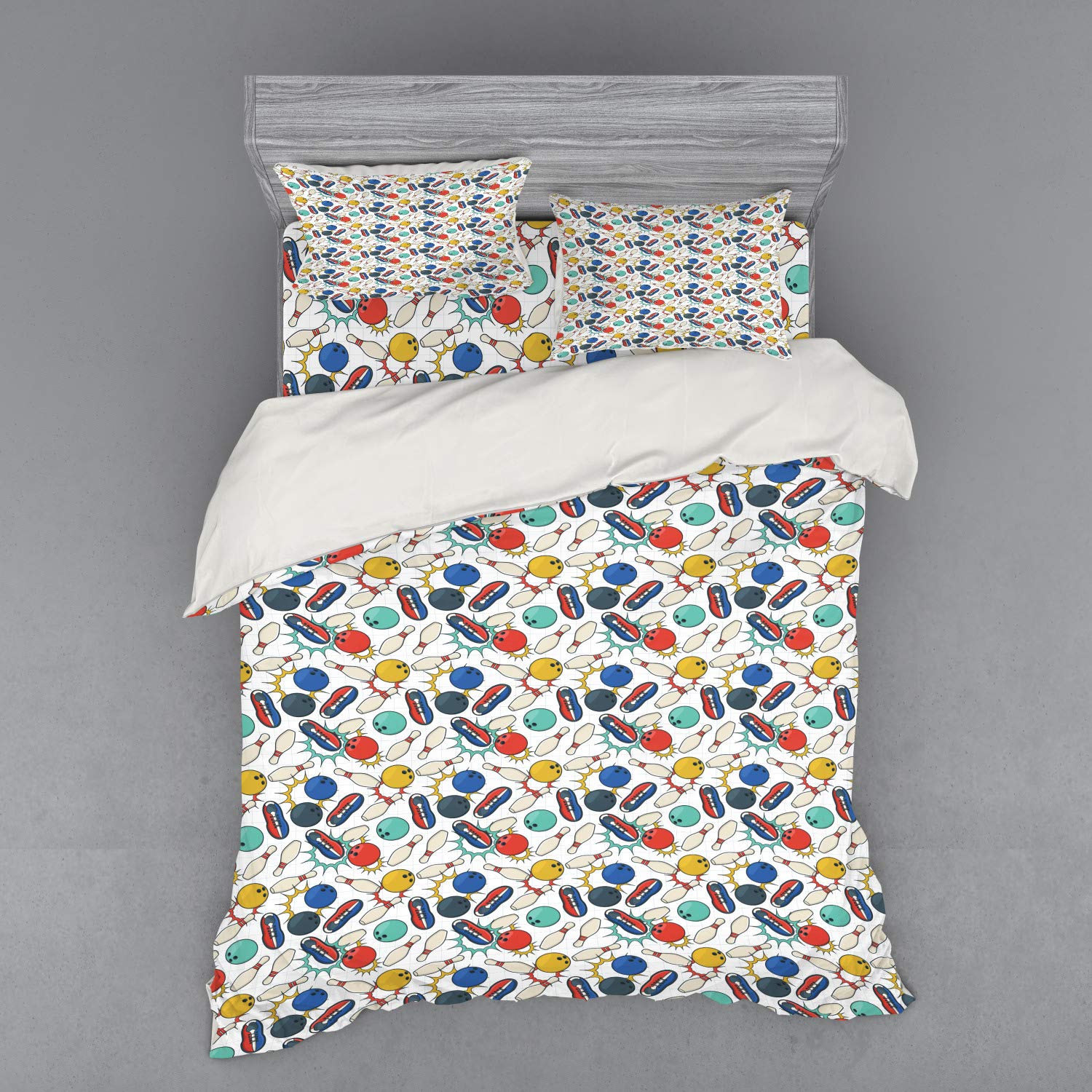 Ambesonne Retro Bowling Themed 4-Piece Queen Duvet Cover Set - Colorful Doodle Design with Notebook Sheet Backdrop, Ball Pins & Shoes - Includes Shams & Fitted Sheet for Bedroom Decor | Perfect for Bowling Enthusiasts & Vintage Style Lovers