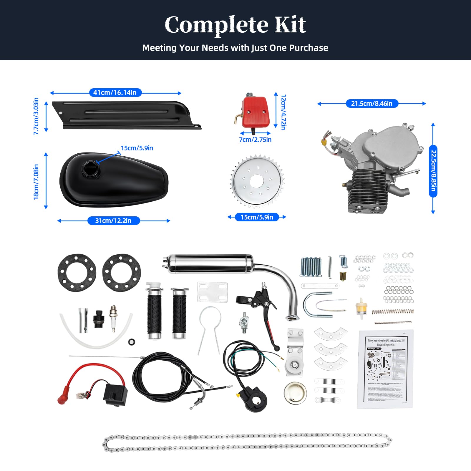 100CC 2-Stroke Bicycle Gasoline Engine Kit - Single Cylinder Air-Cooled Motor with 36T Sprocket for DIY Bike Motorization - Perfect for Commuting, Off-Road Adventures & Backyard Projects
