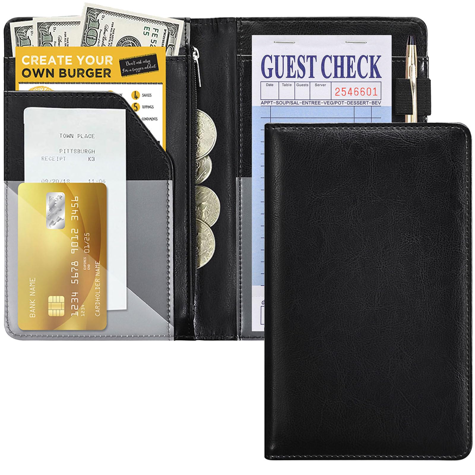 Black Server Book with Zipper Pocket - Waiter Organizer for Notes & Cash - Perfect for Restaurant Staff
