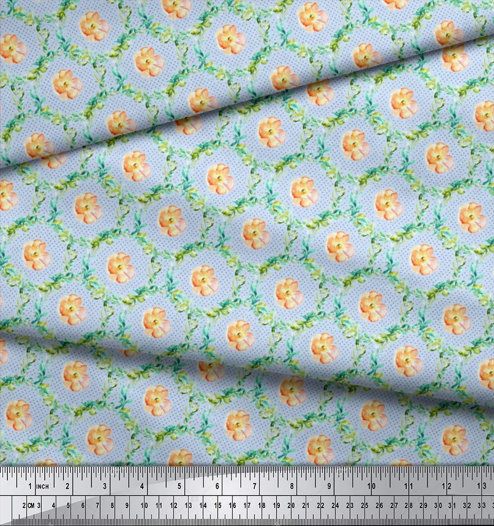Soimoi Blue Cotton Cambric Fabric by The Yard - 42 Inch Wide Floral Textile with Wreath & Anemone Print - Classic Romantic Pattern for Trendy Apparel, DIY Dresses & Home Decor Projects