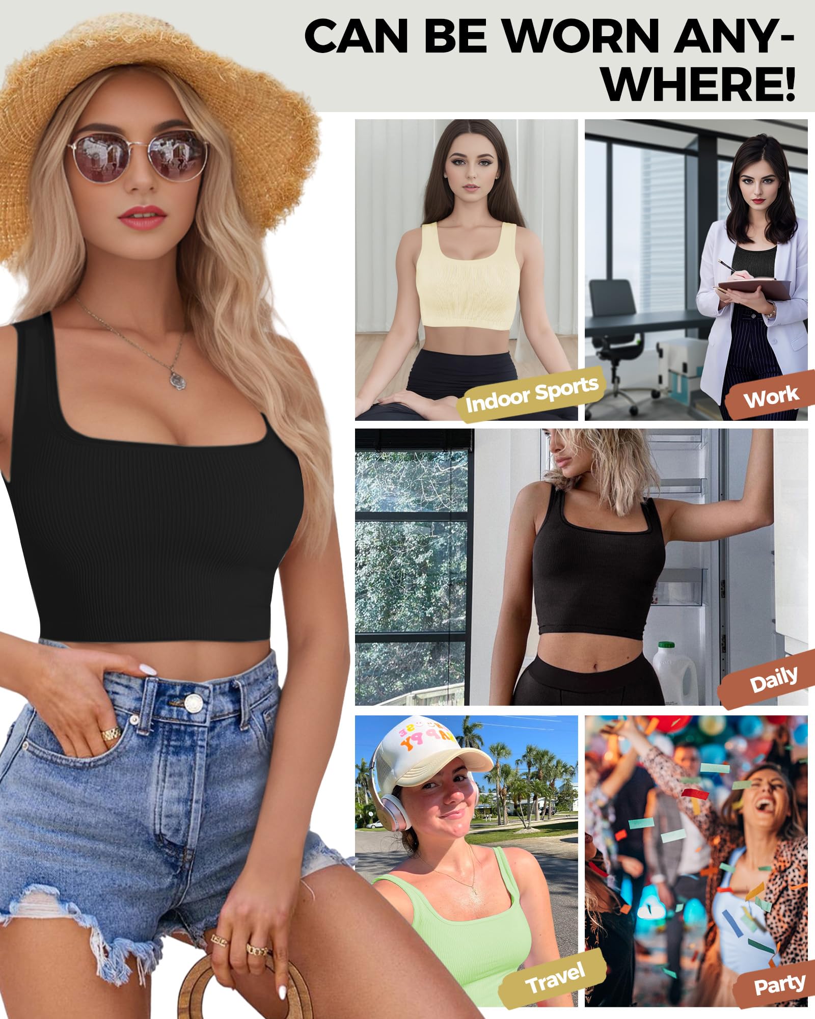 AURUZA Women's Seamless Crop Tank Top - U Neck Ribbed Sleeveless Workout Shirt for Yoga, Gym & Exercise | Perfect for Fitness, Running & Casual Wear