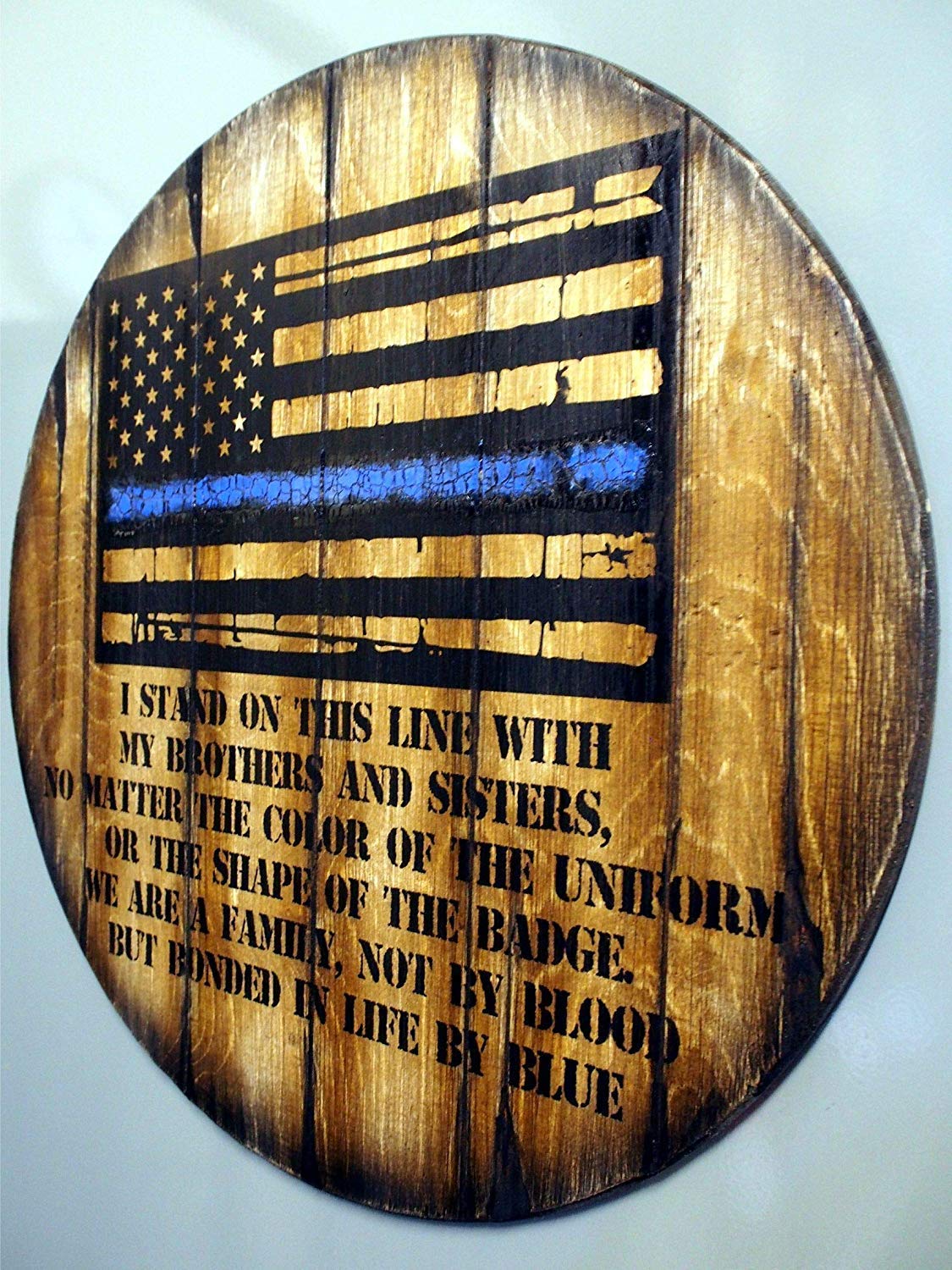 Thin Blue Red Green Yellow Gray Purple Line Personalized American Flag - Rustic Whiskey & Wine Barrel Decor - Home Bar & Man Cave Wall Art - Unique Personalized Gifts for Police, Firefighters, Military (Perfect for Patriotic Home Decor & Office Display)