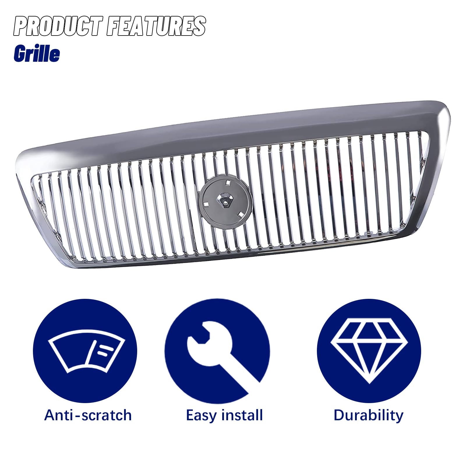 Chrome Front Grille Replacement for Mercury Grand Marquis 2003-2005 | OEM Style Grill Assembly with Chrome Shell & Insert | Perfect for Car Restoration & Custom Upgrades