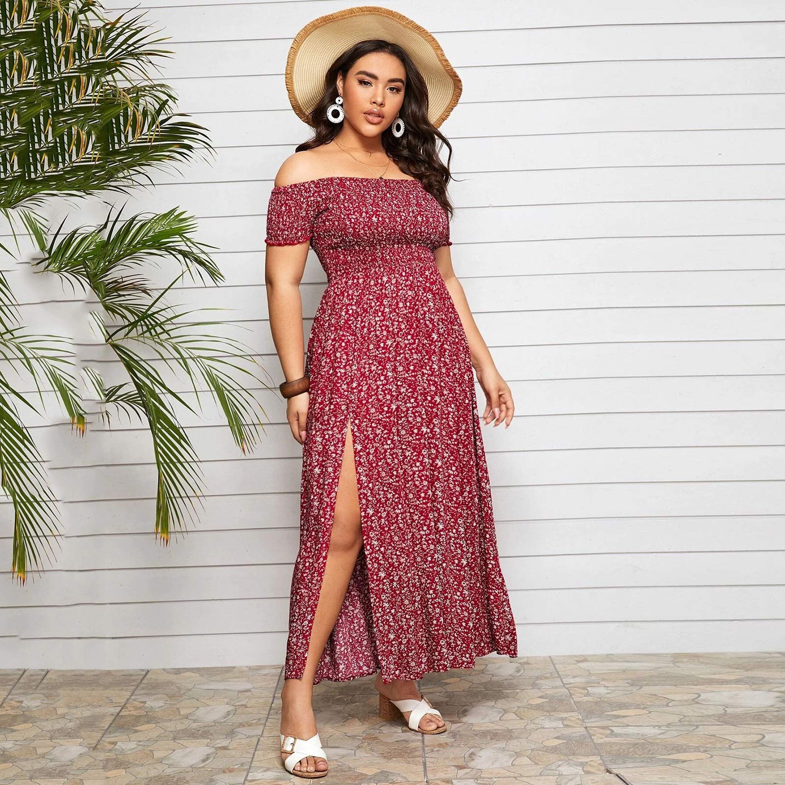 Plus Size Women's Summer Floral Dress - Off Shoulder Shirred Bodice with Thigh Split | Casual Beach Wear, Vacation Outfit, Date Night Dress