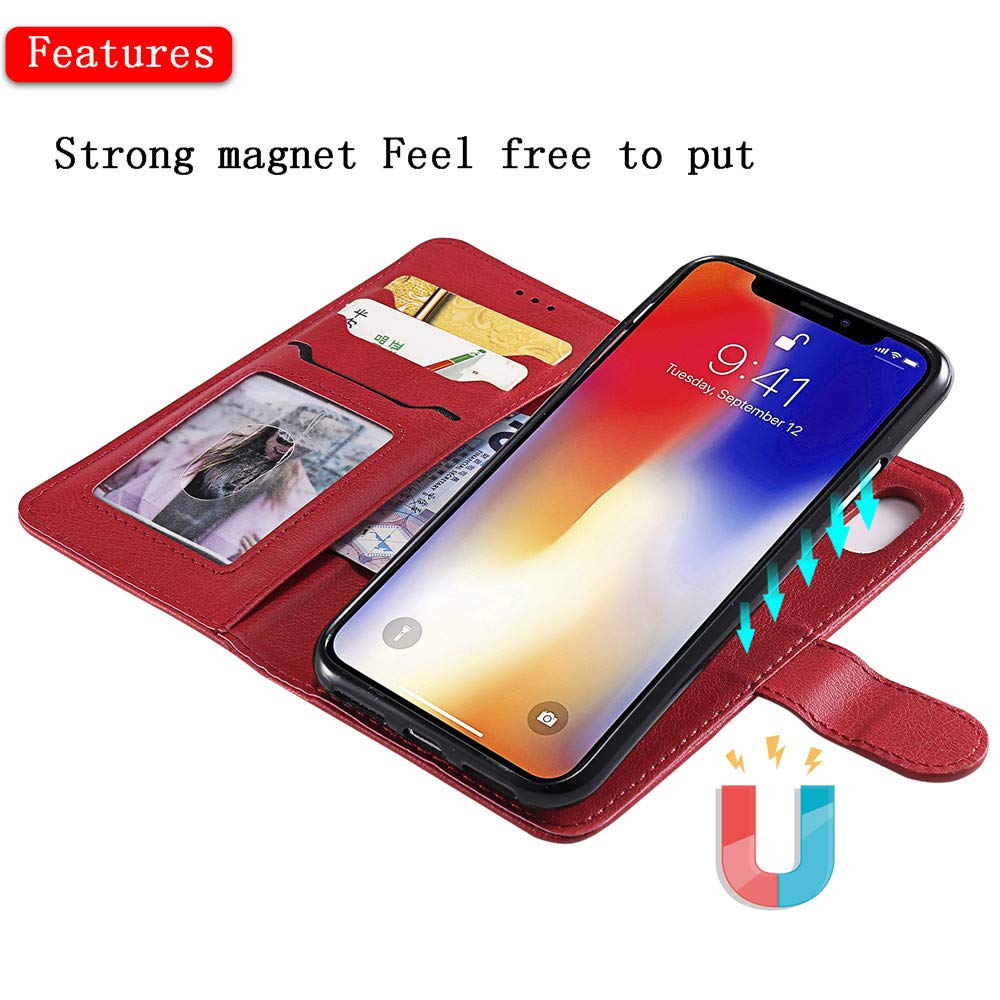 XYX 2 in 1 PU Leather Wallet Case for iPhone X/Xs - Magnetic Car Mount & Protective Cover (Red) | Slim RFID Blocking Card Holder for Credit Cards & ID | Perfect for Driving, Travel & Everyday Use