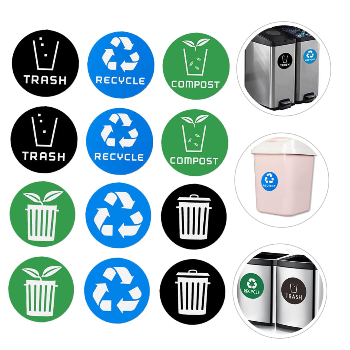 12-Pack PVC Recycling Stickers for Trash Cans - Durable Waste Sorting Labels to Improve Recycling Habits | Perfect for Home, Office & School Bins