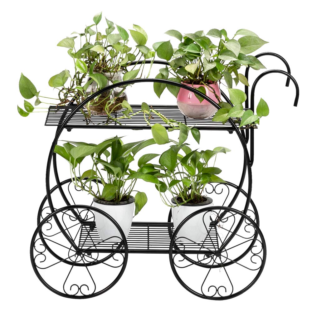 Classic Black Metal Plant Stand with Handle - Indoor Outdoor Flower Pot Holder for Patio, Garden, Home Decor - Perfect for Displaying Plants in Living Room, Balcony or Backyard