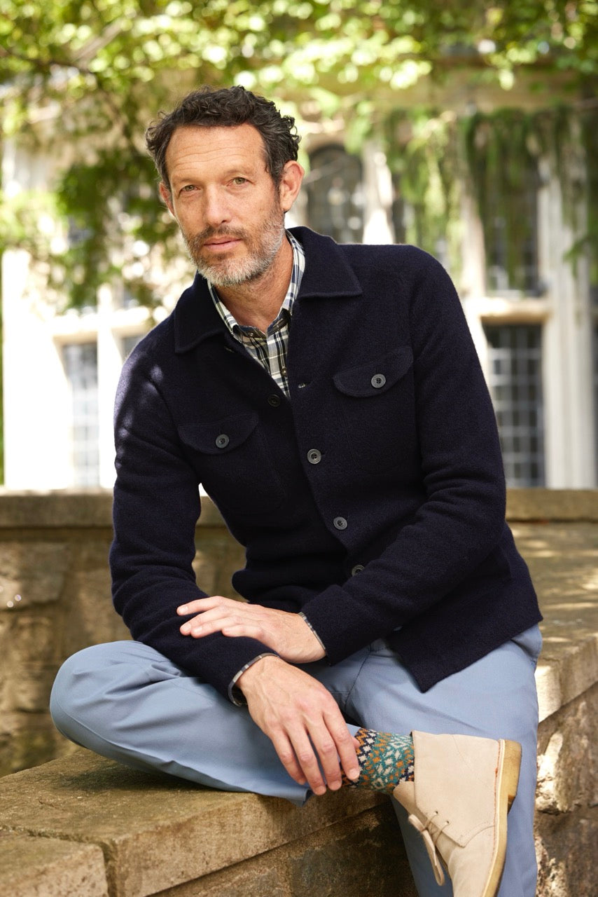 Navy Blue Wool Knit Shirt Jacket for Men - Slim Fit Casual Outerwear for Fall and Winter