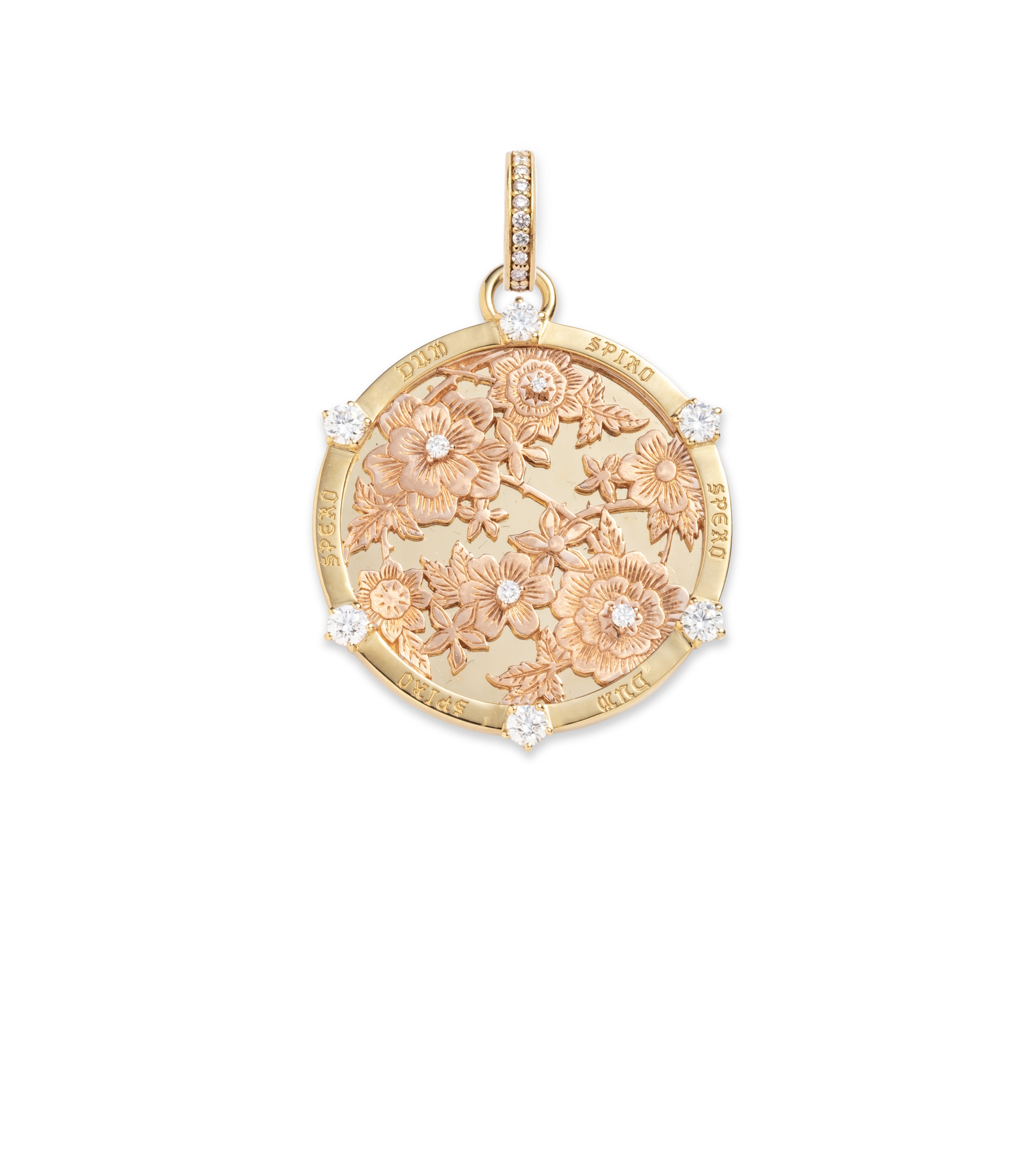 Floral Screen Resilience Large Medallion Necklace in Mixed Rose Gold with Diamonds & Annex Link - Elegant Jewelry for Weddings, Parties & Special Occasions