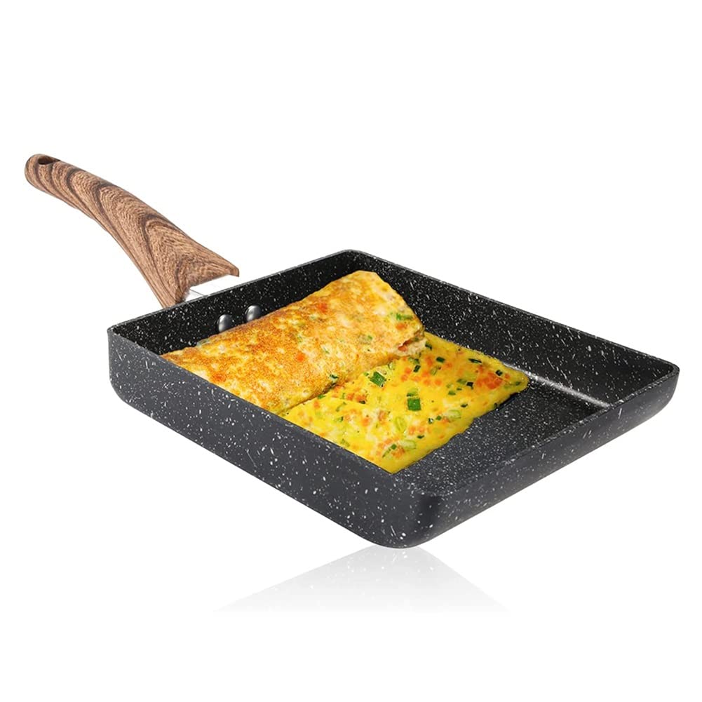 Nonstick Square Egg Frying Pan with Wooden Handle - Perfect for Pancakes, Crepes, Omelettes & Fried Eggs | Japanese Style Skillet for Breakfast Cooking & Home Kitchen Use