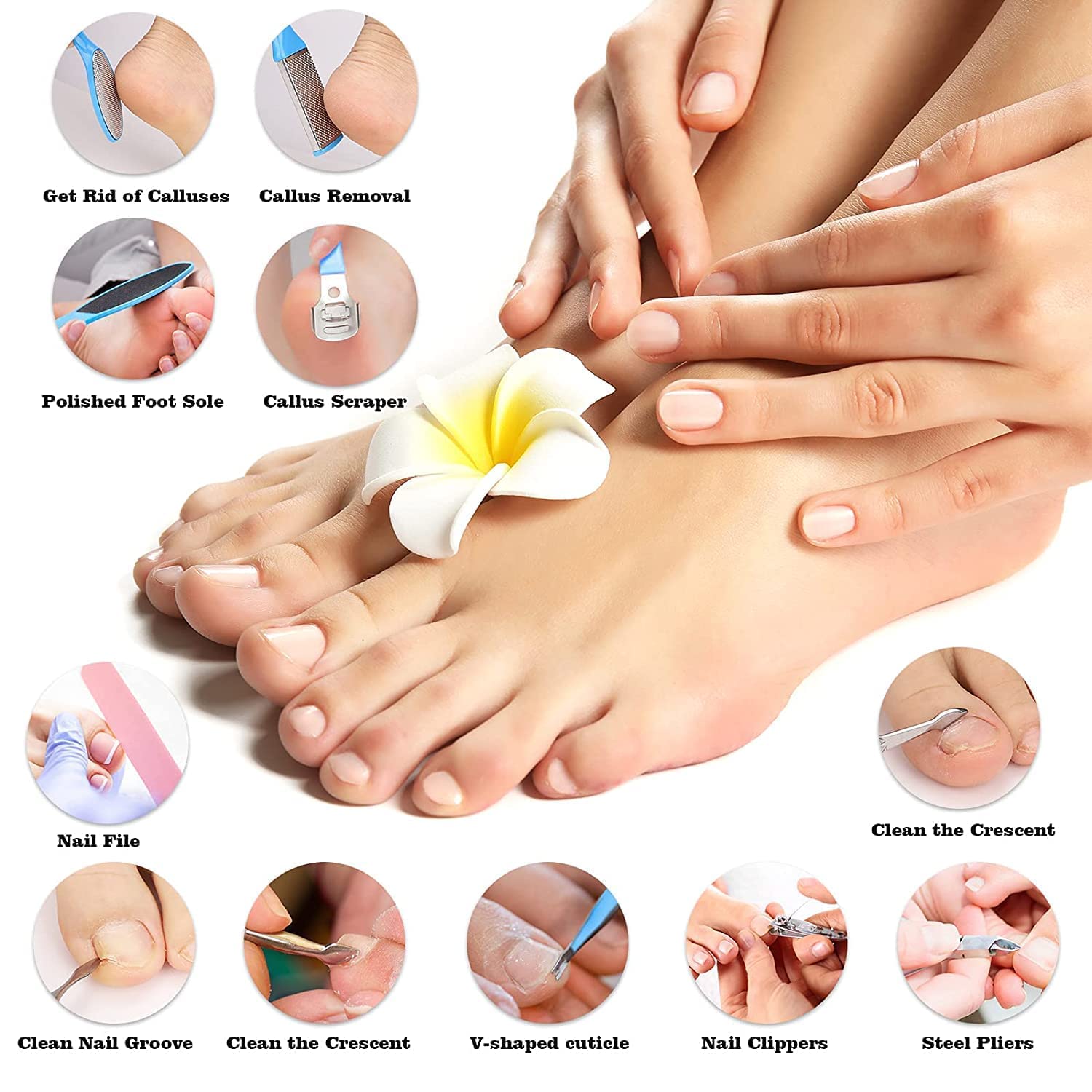 HUDACRUSH 8-in-1 Professional Pedicure Kit for Soft Feet - Callus Remover, Foot Scrubber, Nail File & More - Perfect for Home Spa, Pedicure & Foot Care Routine