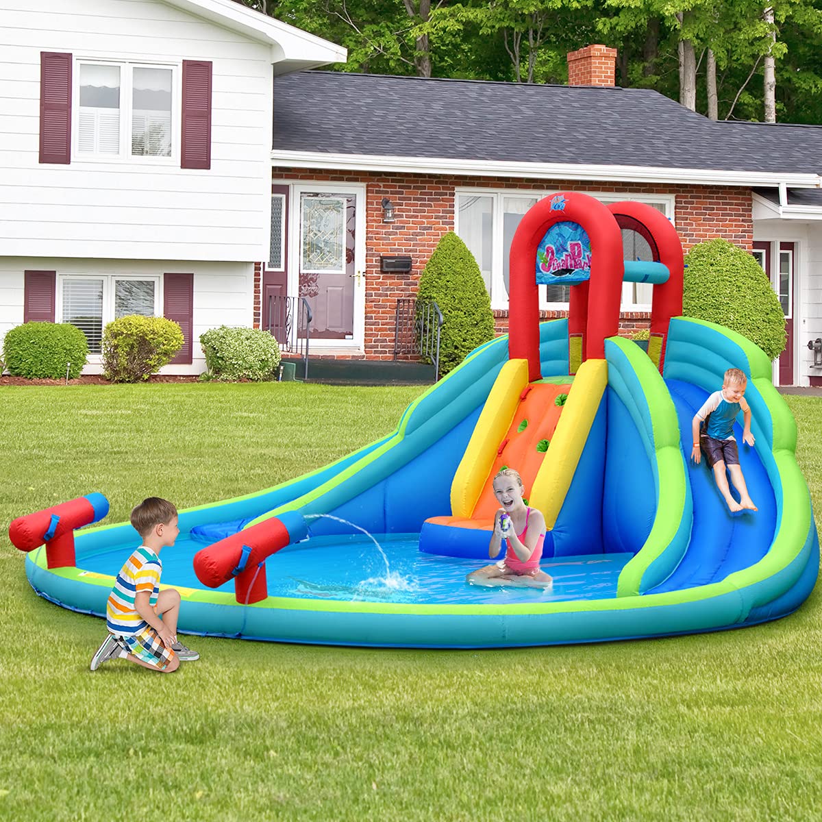 GOFLAME Inflatable Water Slide for Kids - Large Splash Pool, 2 Slides & 2 Water Cannons, Bounce House with Carry Bag, Stakes & Repair Kit (Includes 780W Air Blower) - Perfect for Backyard Parties, Summer Fun & Outdoor Family Activities