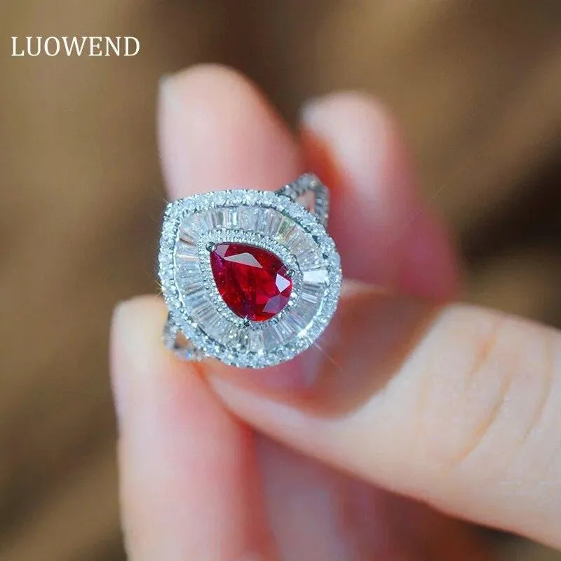 18K White Gold Natural Ruby and Diamond Ring for Women - Luxury Water Drop Design Jewelry for Senior Banquets, Weddings & Special Occasions