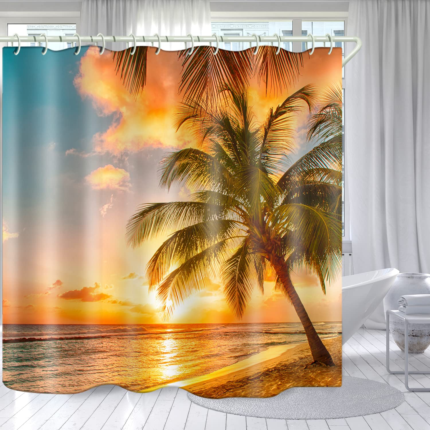 Waterproof Shower Curtain Set with Natural Beach Coconut Tree Print - Polyester Fabric Bathroom Curtain with Hooks & Liners - Coastal Decor for Bathroom, Bathtub, and Toilet Accessories - Perfect for Beach-Themed Bathrooms and Spa-Like Showower Experience