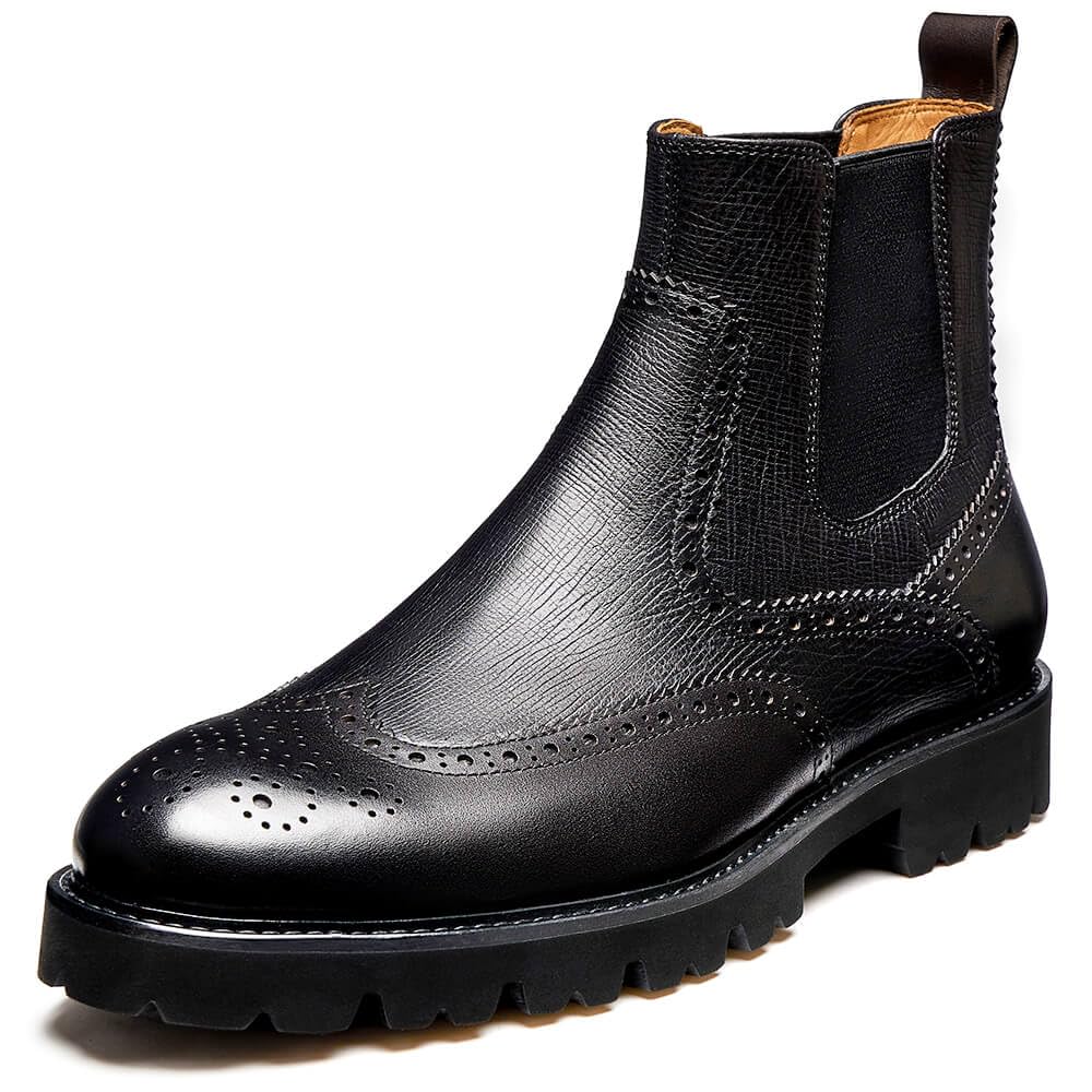 Jepsengord Men's Genuine Leather Chelsea Boots - Wingtip Brogue Dress Boots for Business & Casual Wear | Waterproof Ankle Boots for Office, Wedding & Outdoor Activities