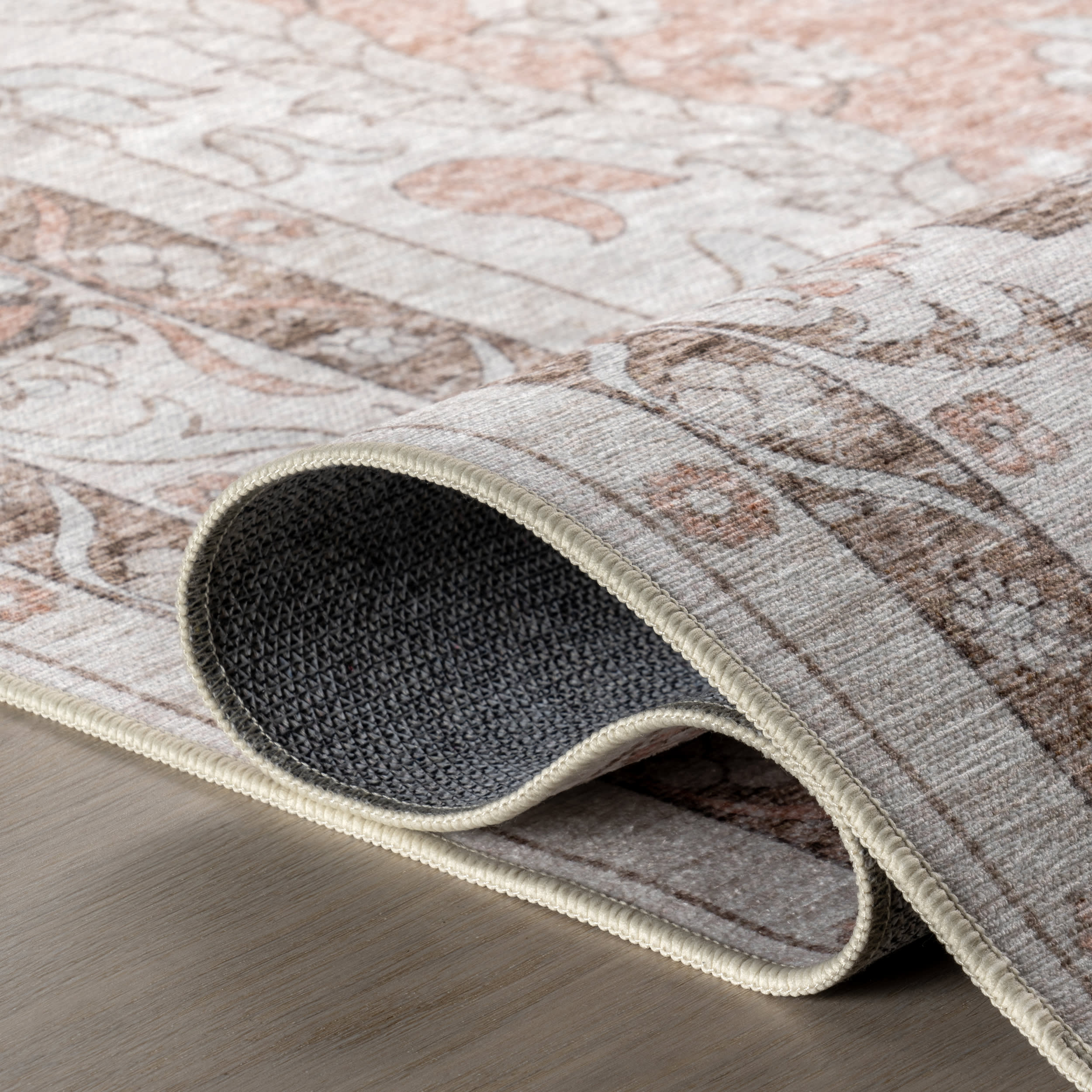 Faded Rosette Spill Proof Washable Rug - Non-Slip Peach Area Rug for Living Room, Bedroom, Nursery | Soft & Durable Home Decor for High Traffic Areas