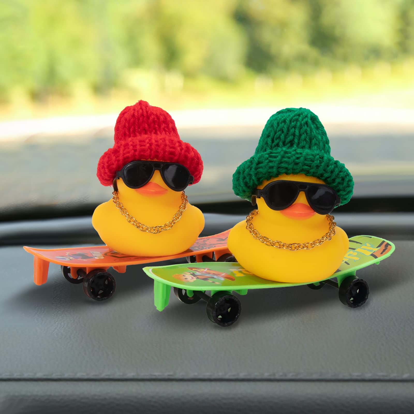 Wonuu Car Duck Ornament - Rubber Duck Dashboard Decoration with Mini Hat, Necklace, Sunglasses, Chair & Skateboard - Perfect for Car Accessories, Gift Ideas, and Office Desk Fun