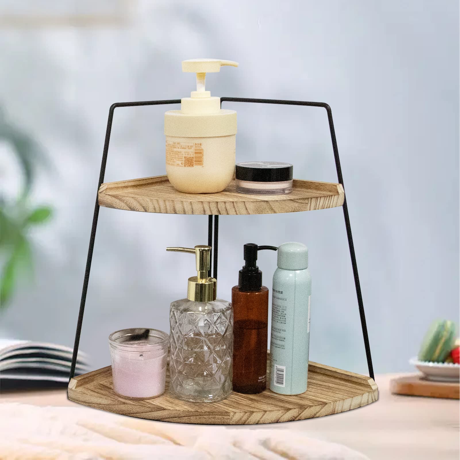 2 Tier Wooden Bathroom Counter Organizer - Standing Cosmetic & Vanity Storage Rack with Tray - Natural Log Color for Bathroom, Bedroom, Dressing Table - Perfect for Organizing Makeup, Skincare & Jewelry
