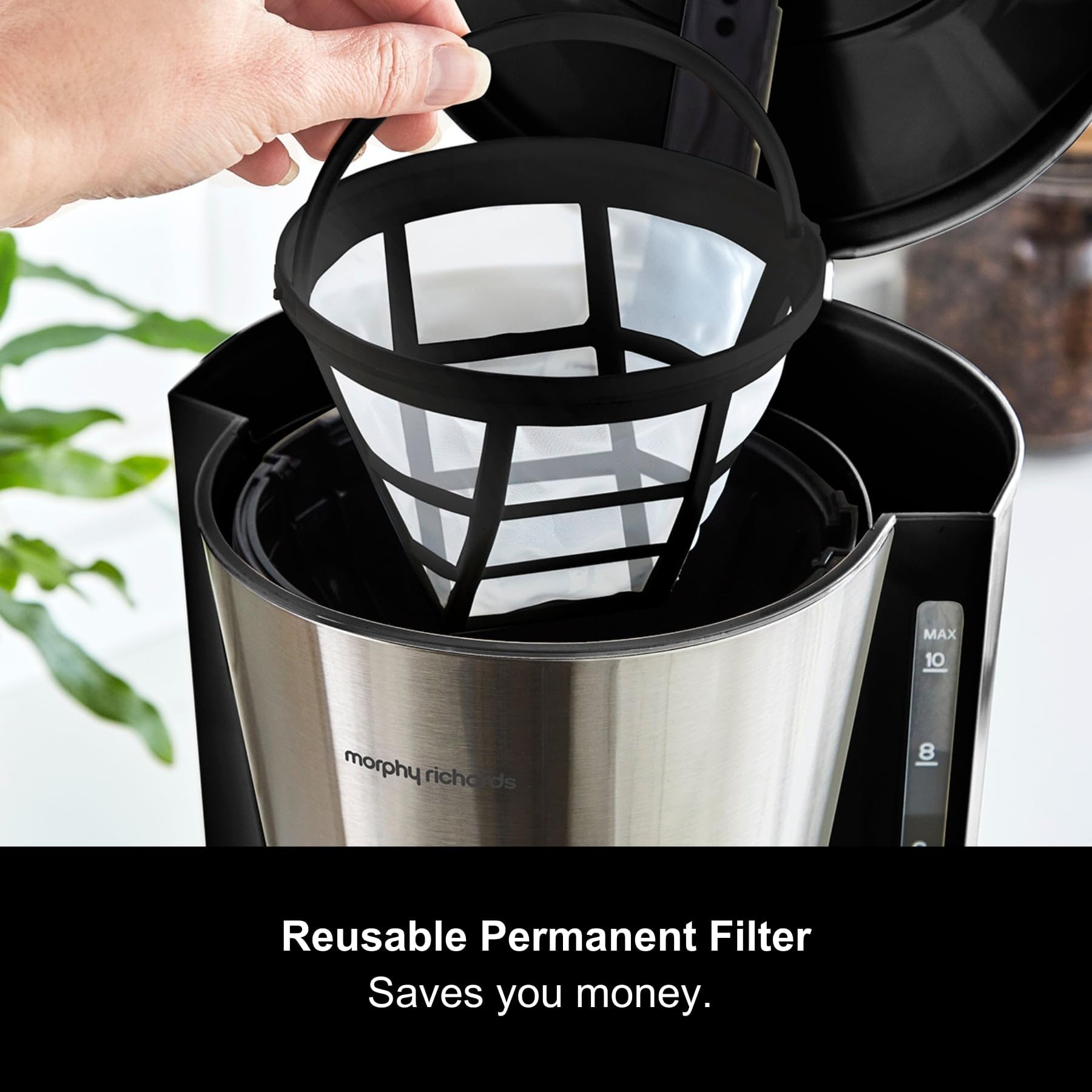 Morphy Richards 10-Cup Filter Coffee Maker with Pour Over Technology, Reusable Filter & Keep Warm Function - Black/Brushed Steel (Model 162501) - Perfect for Home, Office & Entertaining Guests