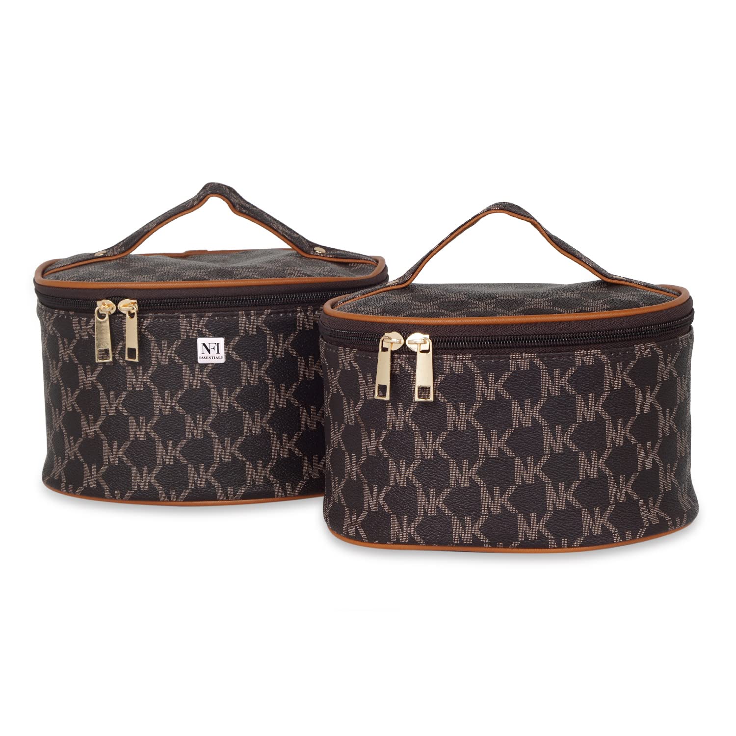 NFI Essentials 2-Piece Makeup Organizer Set - Cosmetic Box, Jewelry Box & Vanity Organizer for Women | Travel-Friendly Trousseau Box & Makeup Pouch (Brown) - Perfect for Home, Travel & Bridal Makeup Storage