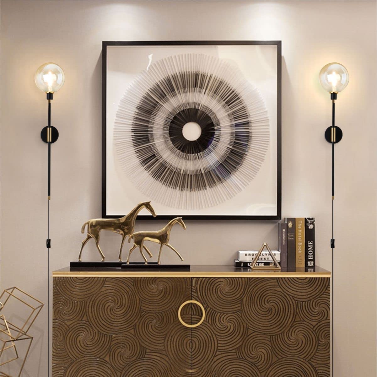 KCO Black Modern 1-Light Plug-in Wall Sconce with On/Off Switch & Long Arm Glass Shade - Amber Wall Lamp for Bedroom, Living Room, Kitchen & Hallway (2-Pack) | Perfect for Ambient Lighting & Space-Saving Wall Decor