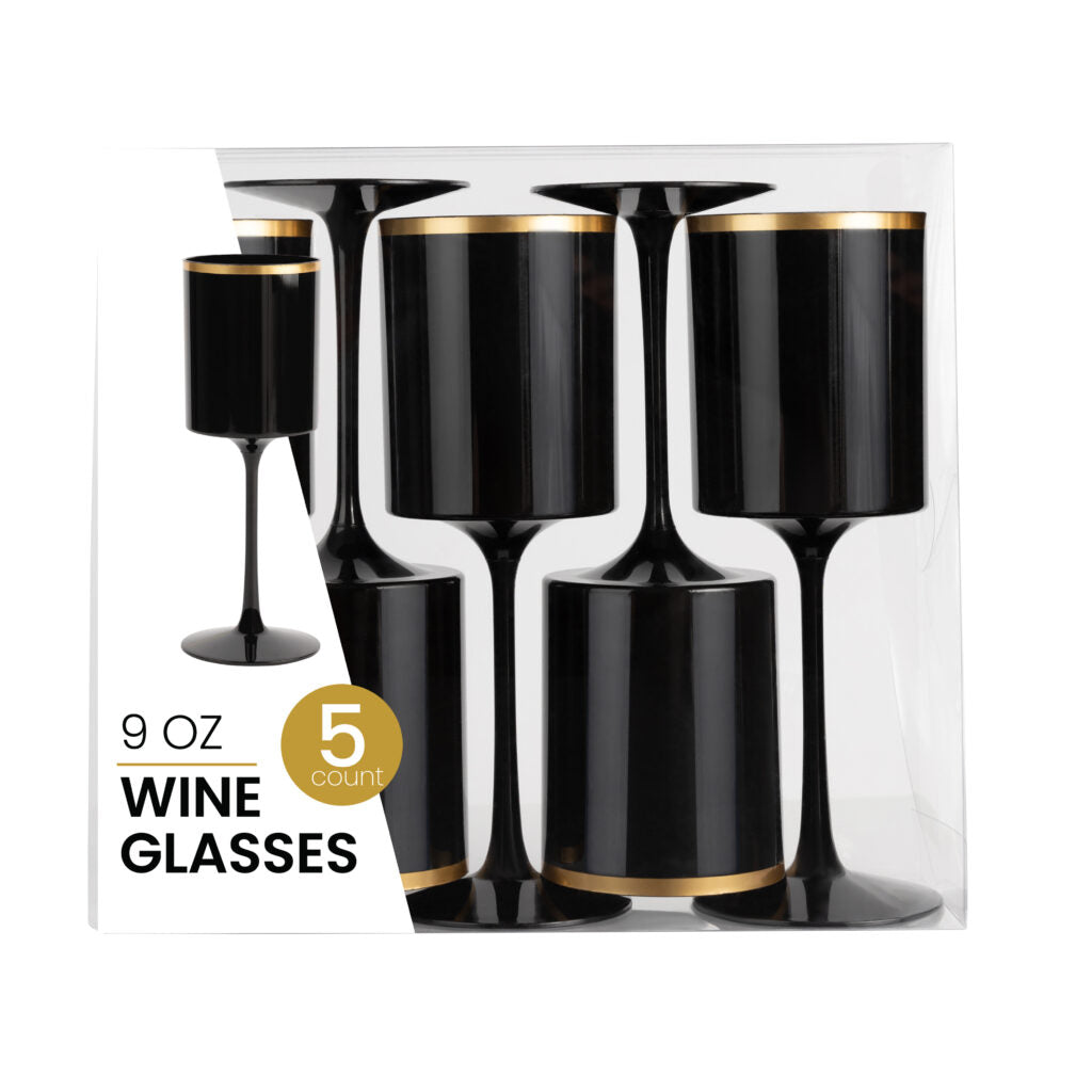9 Oz Black and Gold Plastic Wine Goblets Set of 5 - Shatterproof Stemware for Outdoor Parties, Weddings, and Picnics