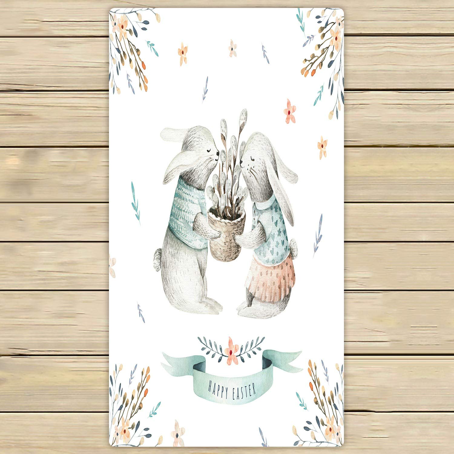 ECZJNT Easter Cartoon Bunnies Beach Towel - Soft Absorbent 30x56 Inch Bath Towel for Home, Pool, Travel - Cute Bunny Design with Leaves & Feathers - Perfect for Easter Gifts, Beach Outings & Bathroom Decor