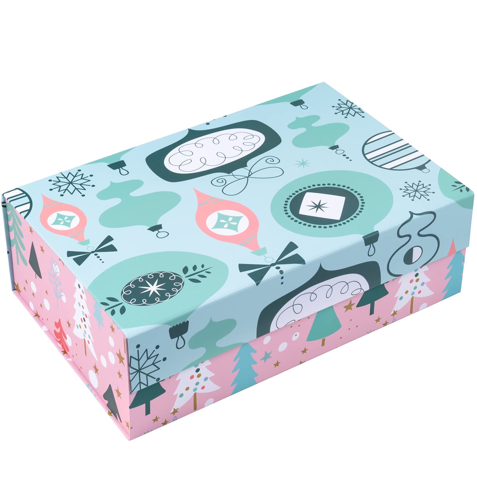 Christmas Gift Box with Lid - 14x9x4.3 Inches Pink & Blue Ornament Design, Collapsible Magnetic Closure Box with 2 Tissue Papers | Holiday Present Wrapping, Party Favors, Jewelry Storage & Home Decor