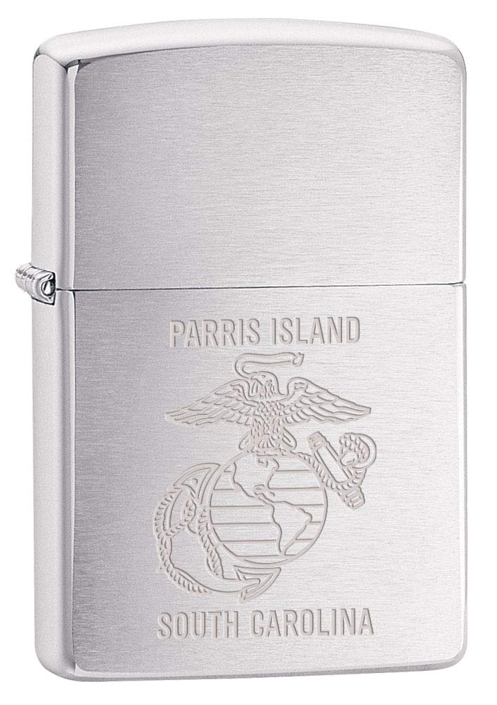 Zippo Lighter Engraved USMC Marines Parris Island - Brushed Chrome 80397 | Windproof Metal Lighter for Outdoor Camping, Hiking & Survival Gear