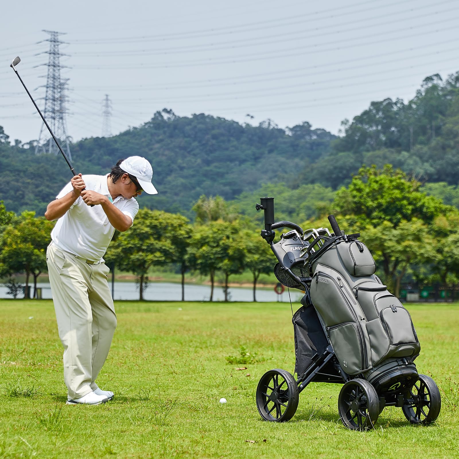 4-Wheel Folding Golf Push Cart with Cup Holder, Umbrella Holder & Cooler Bag - One-Click Foldable Design, Adjustable Handle Height - Perfect for Walking Golfers on the Course or Driving Range